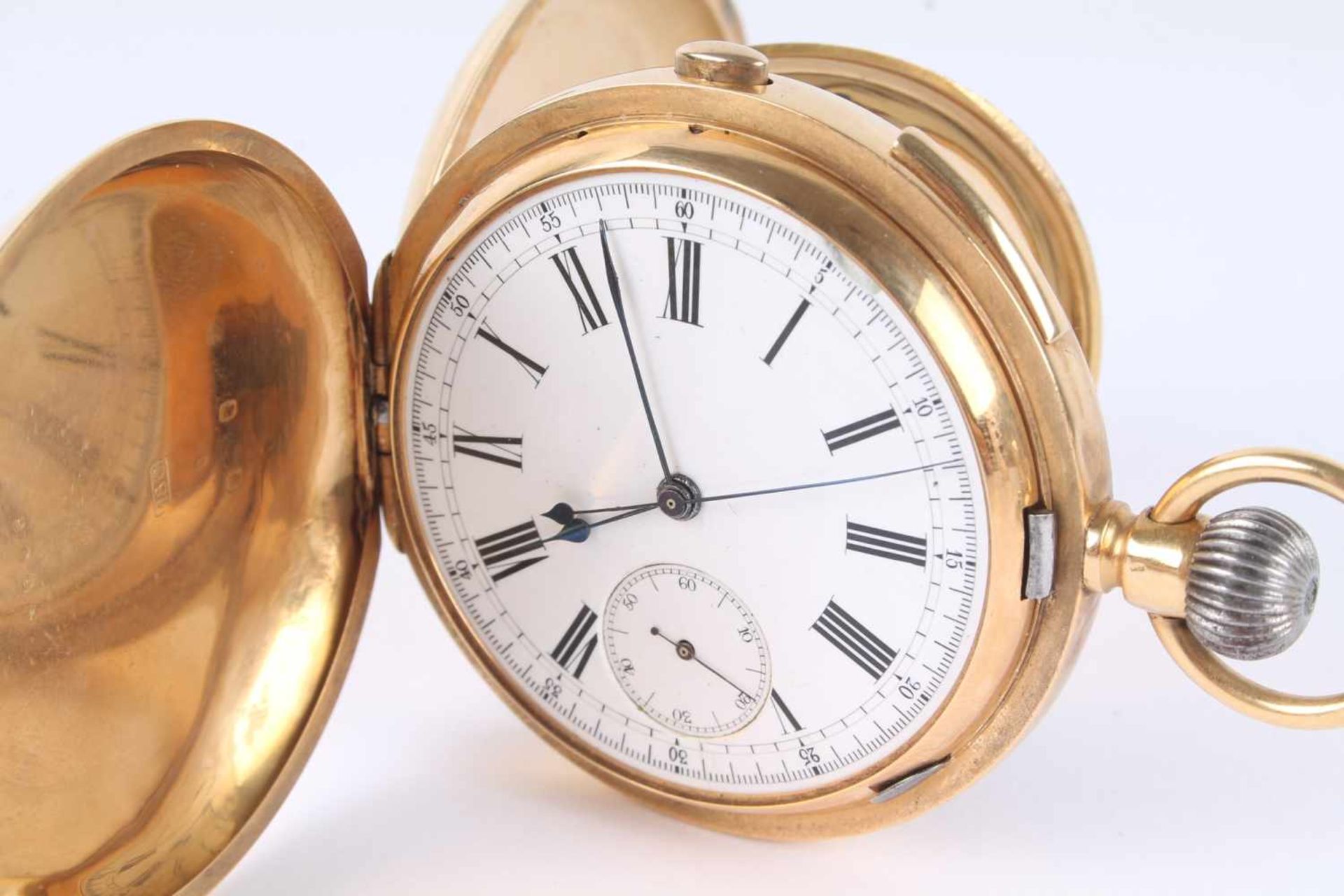 750 Gold Savonette mit Repetition und Stoppuhr, 18K gold savonette with repeater and stopwatch,