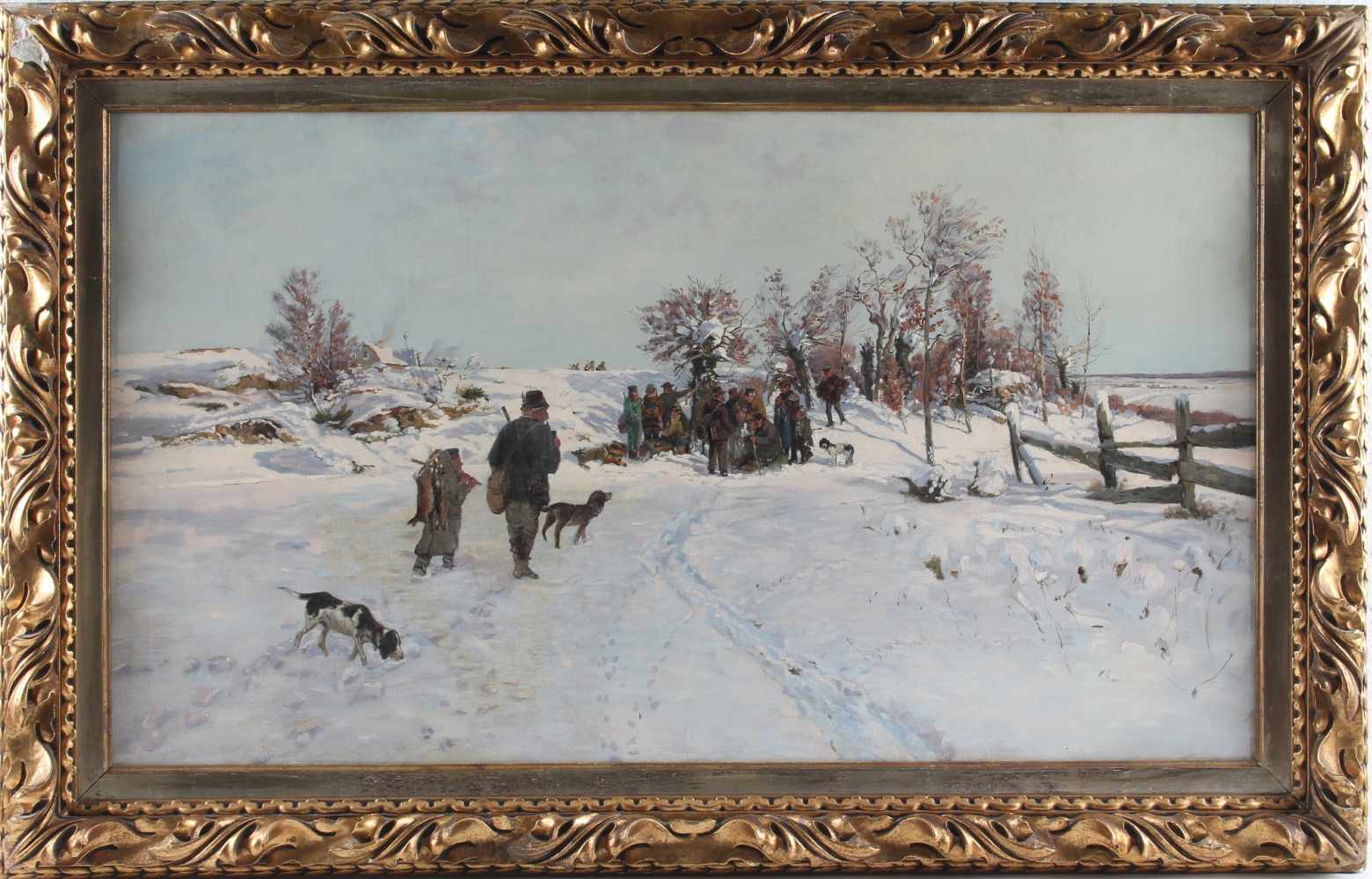 Nach der Treibjagd im Winter, Maler um 1900, hunting in winter, - Bild 2 aus 4