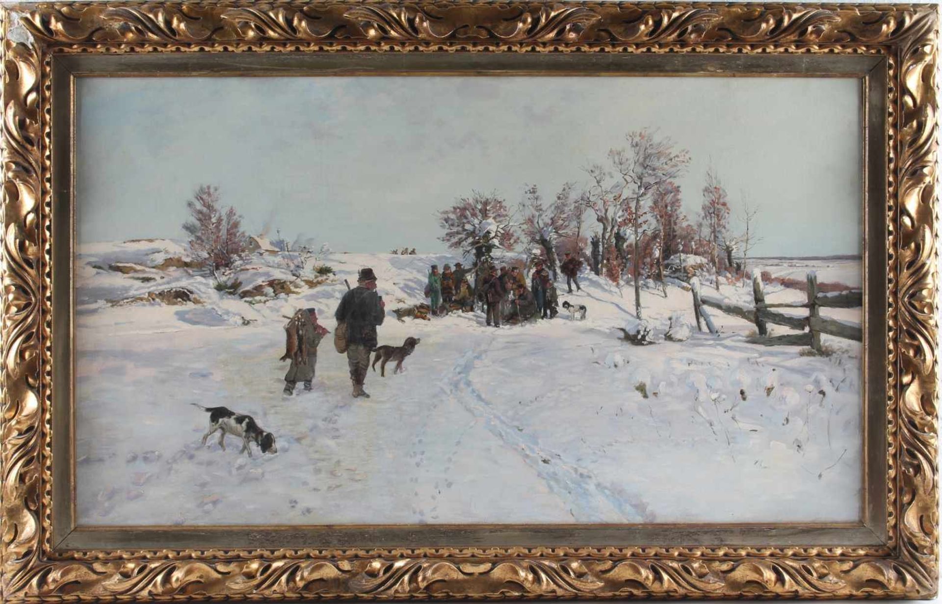 Nach der Treibjagd im Winter, Maler um 1900, hunting in winter, - Image 2 of 4