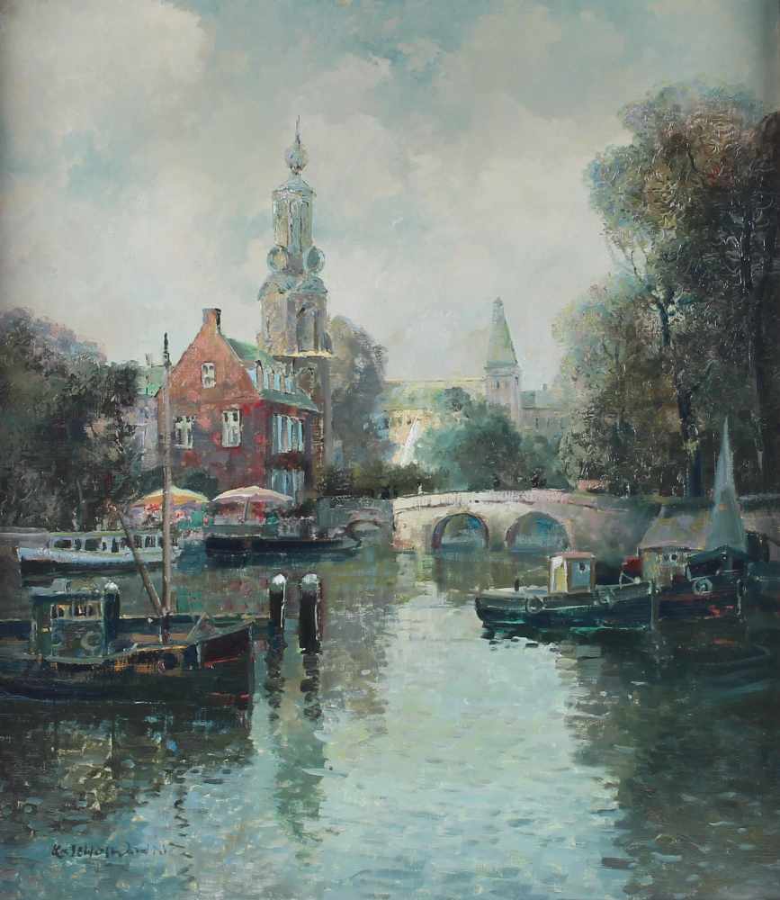 Ludwig Gschossmann (1913-1988) - Amsterdamer Gracht mit Booten, Amsterdam with boats,