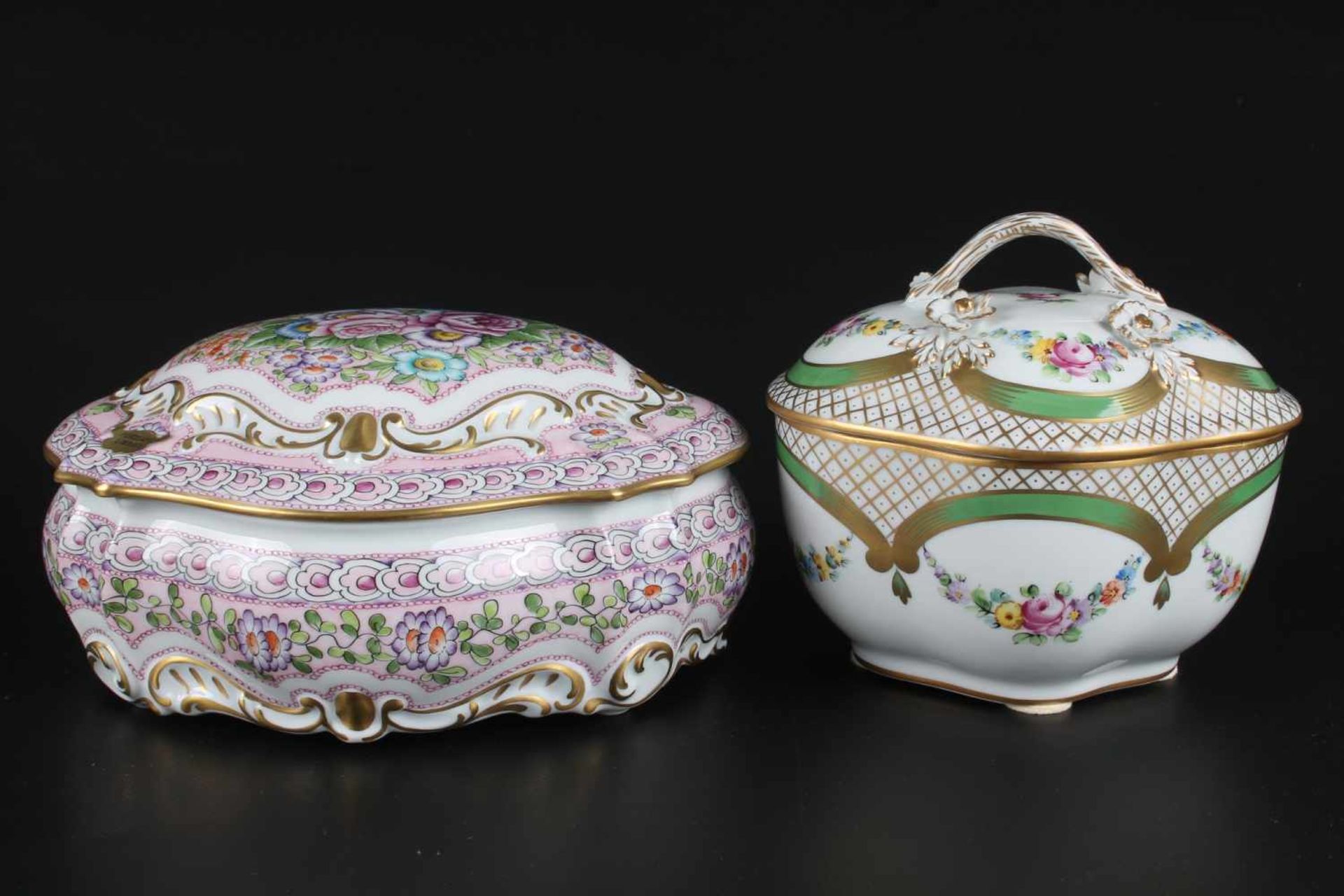 2 Bonbonieren / Deckeldosen - Limoges und Potschappel Dresden, lidded cans,Porzellan, Limoges