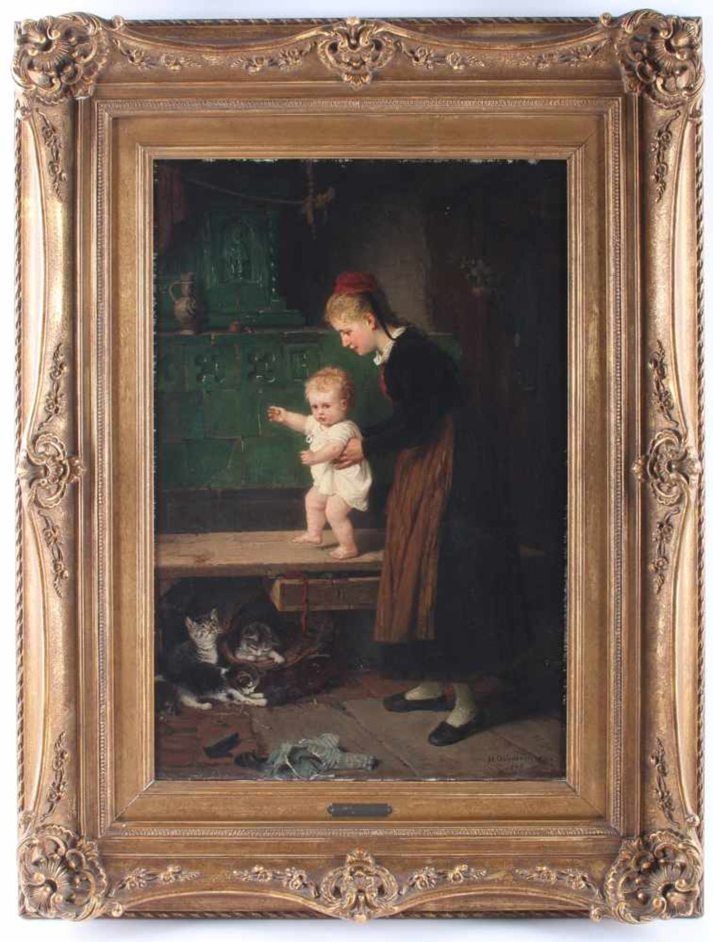 Hugo Oehmichen (1843-1932) Mutter mit Kleinkind und Babykätzchen 1875, mother with toddler and - Image 2 of 5