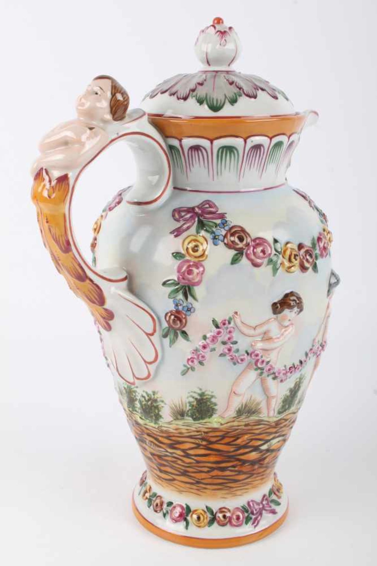 Jugendstil Kanne mit Putten, Schierholz, art nouveau jug with putti,Thüringer Porzellan, - Bild 3 aus 4