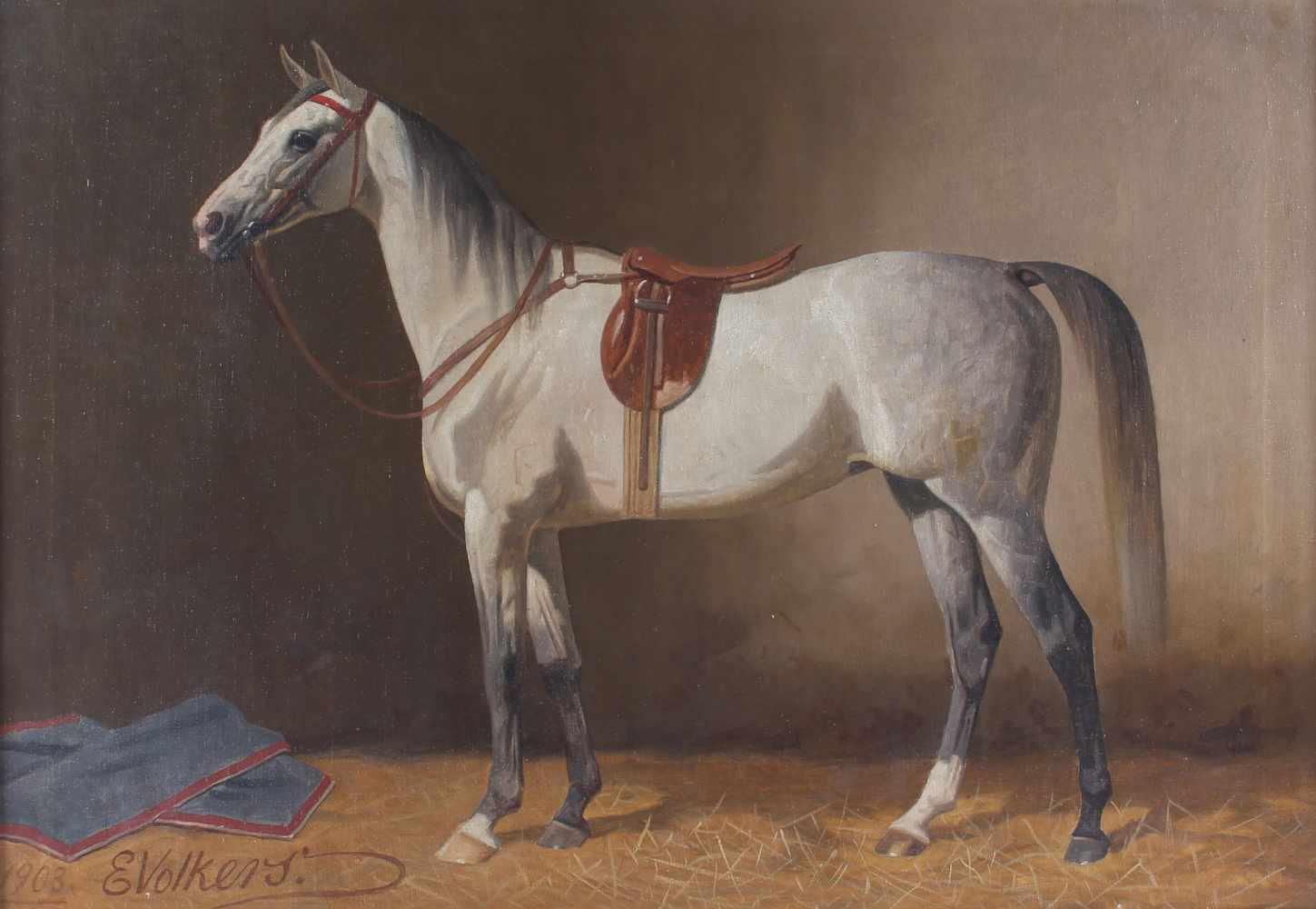 Emil Volkers (1831-1905), Gesattelter Schimmel im Stall 1903, saddled white horse in the stable