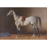 Emil Volkers (1831-1905), Gesattelter Schimmel im Stall 1903, saddled white horse in the stable