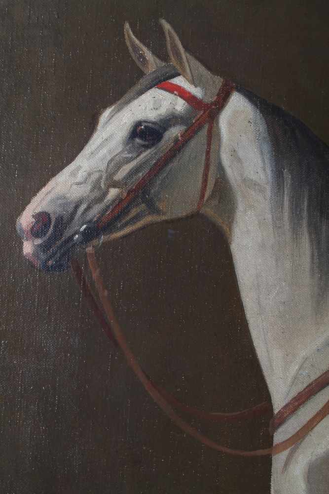 Emil Volkers (1831-1905), Gesattelter Schimmel im Stall 1903, saddled white horse in the stable - Bild 4 aus 5