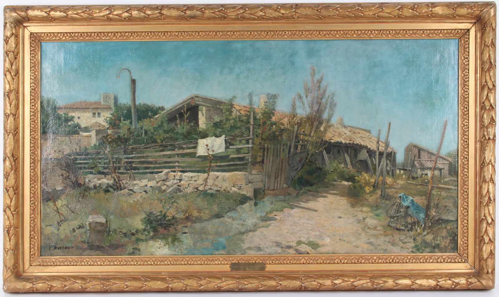 Eugène Baudouin (french 1842-1893) Holzscheune am französischem Dorfrand, wooden barn on the edge of - Image 2 of 4