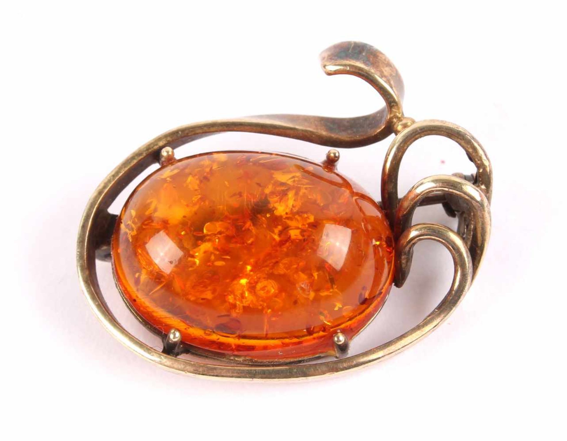 585 Gold Bernstein Brosche, 18K gold amber brooch,