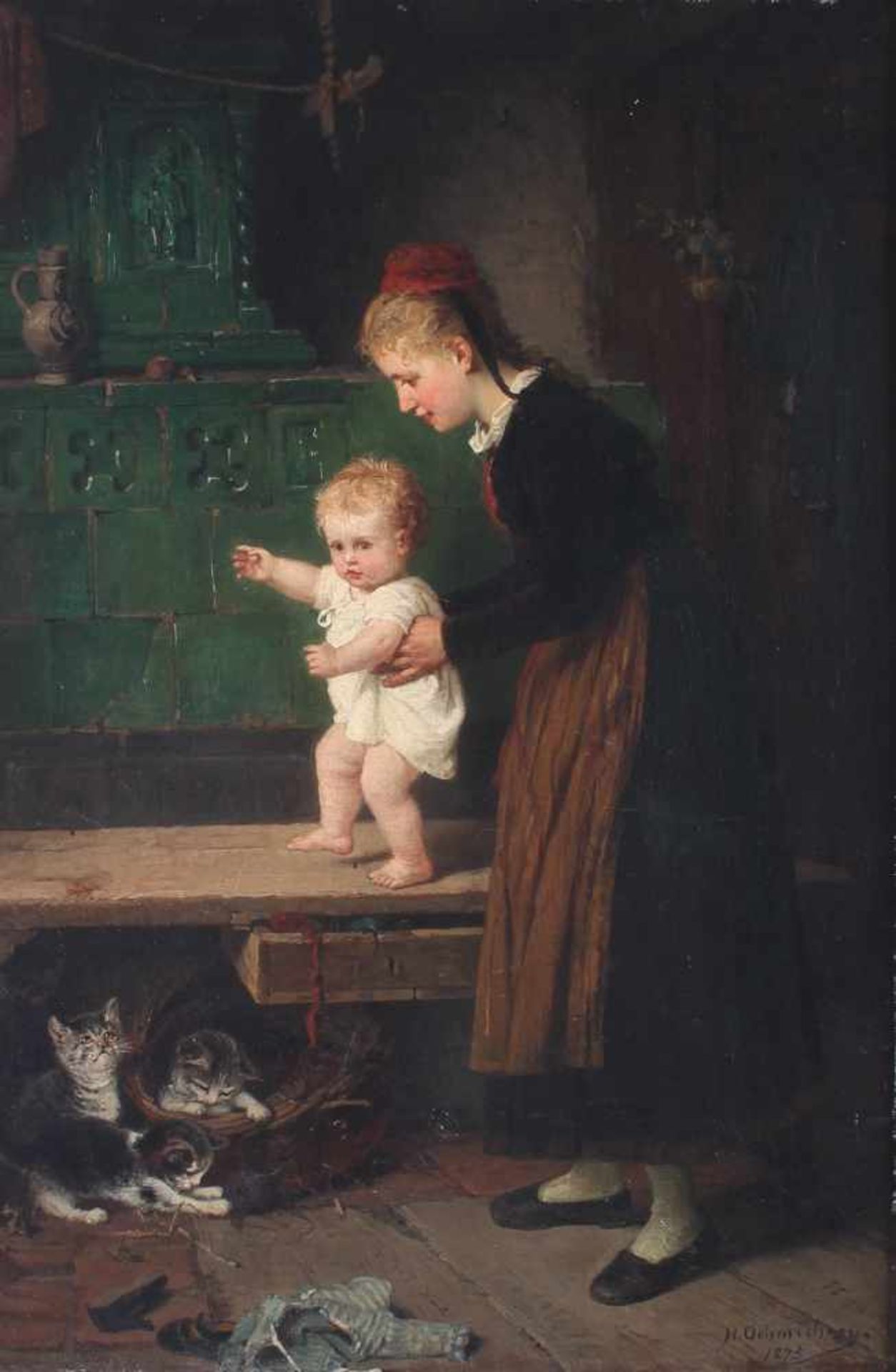 Hugo Oehmichen (1843-1932) Mutter mit Kleinkind und Babykätzchen 1875, mother with toddler and