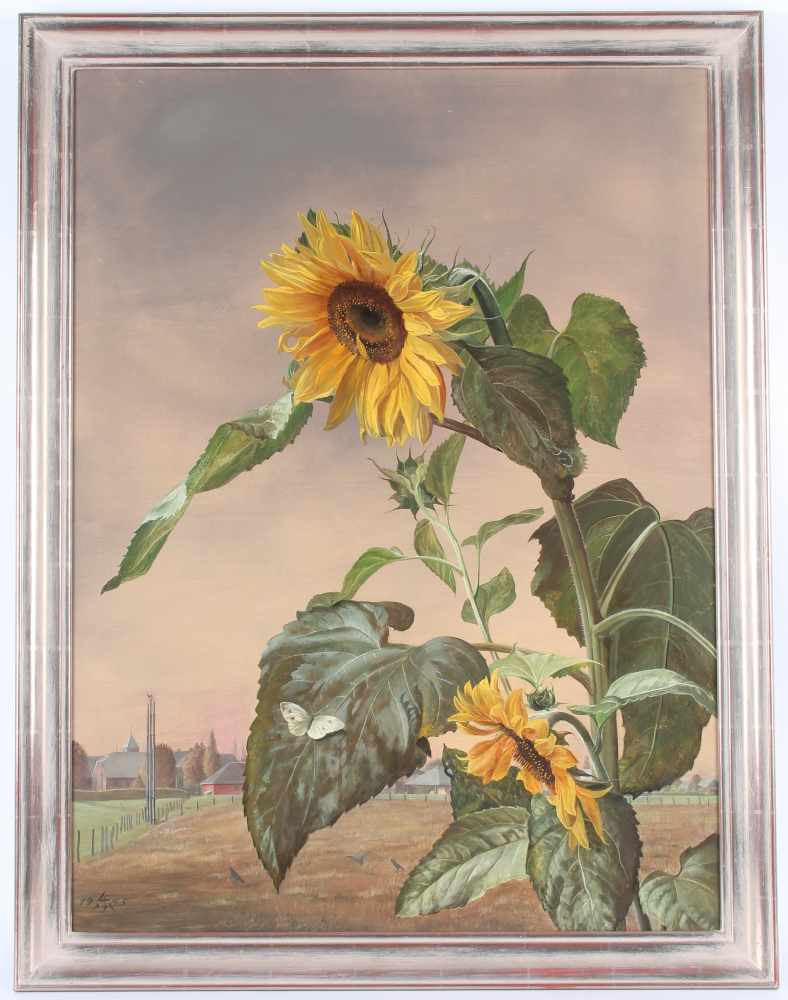 Liselotte Schramm-Heckmann (1904-1995) Sonnenblume mit Kohlweissling 1955, sunflower with cabbage - Bild 2 aus 5