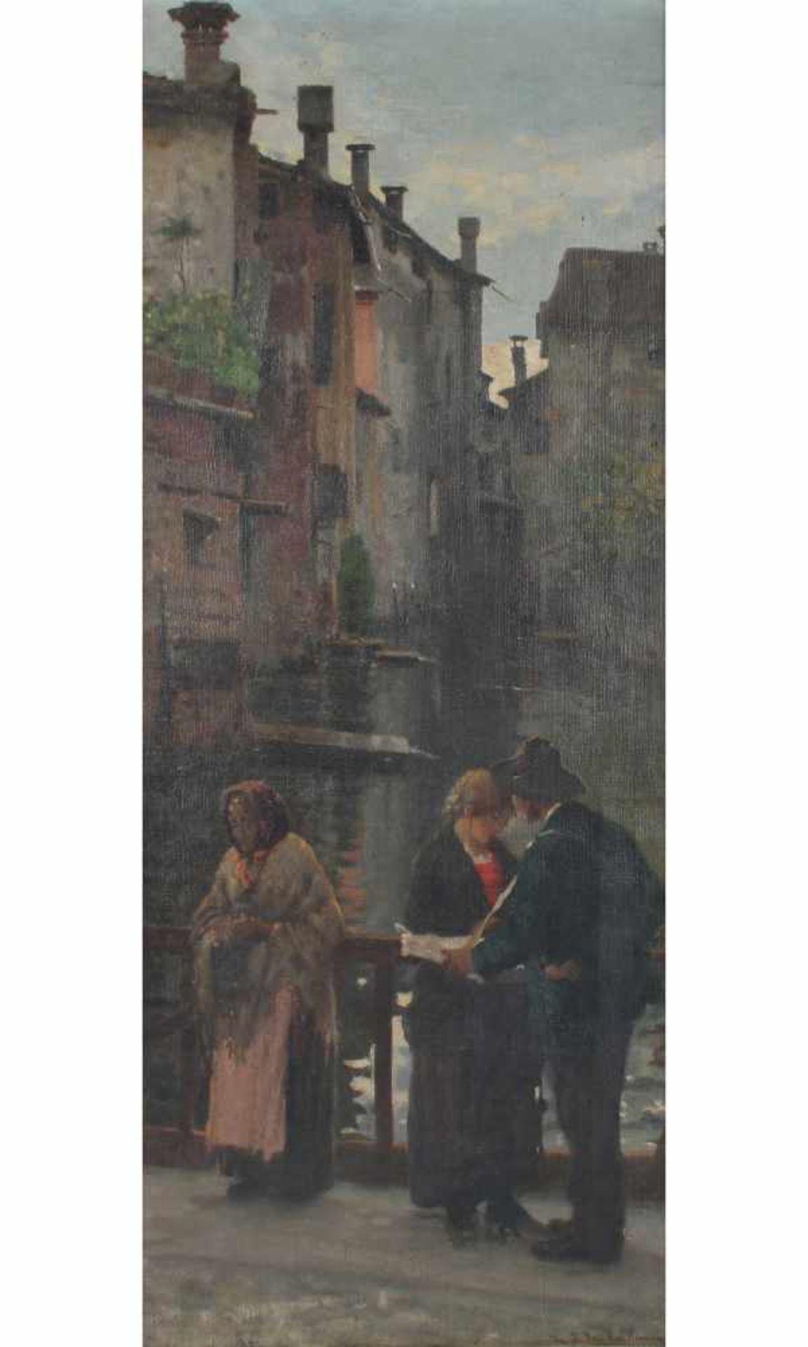 Angelo Dall'Oca Bianca (Italia 1858-1942) Umkreis, Personen auf einer Brücke am Kanal, people on a