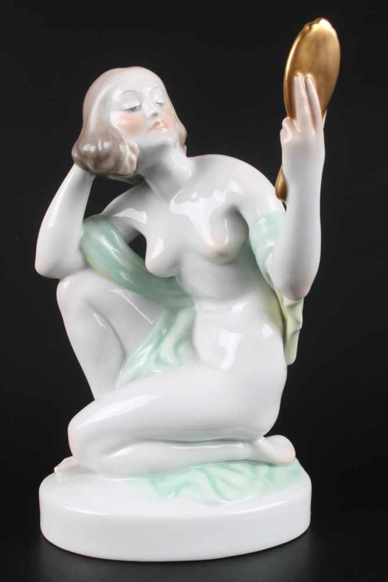 Herend Porzellanfigur - Frauenakt mit Spiegel, female nude act with mirror,Porzellan, Ungarn 20.