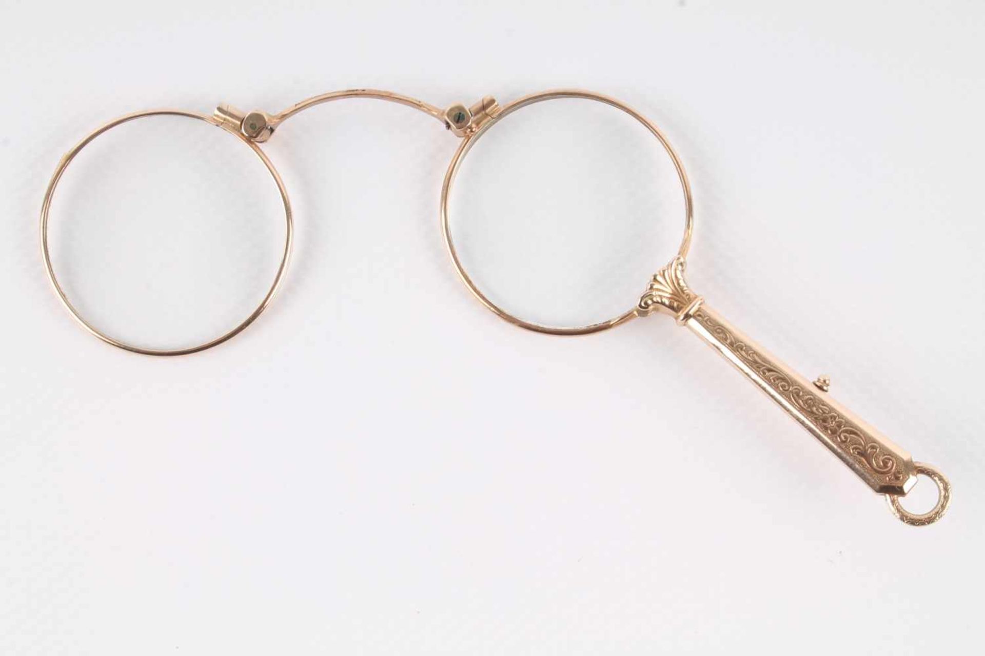 Jugendstil Lorgnette 585 Gold, Stielbrille in 14K Gold, geprüft jedoch ungemakt, Maße offen H 7,5 cm - Bild 2 aus 5
