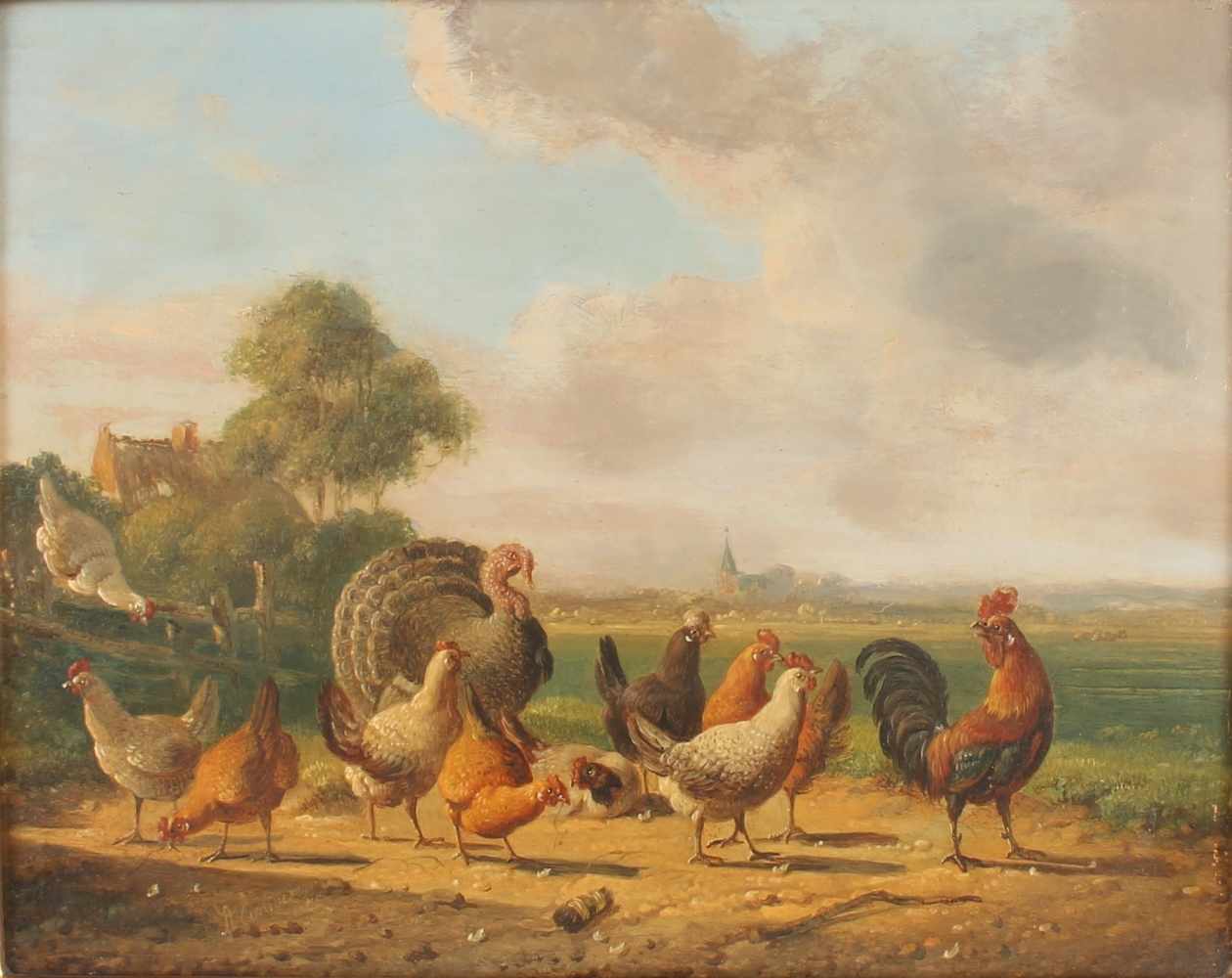 Albertus Verhoesen (1806-1881) Federvieh - Hahn mit Hühnern und Pute, rooster with chickens and