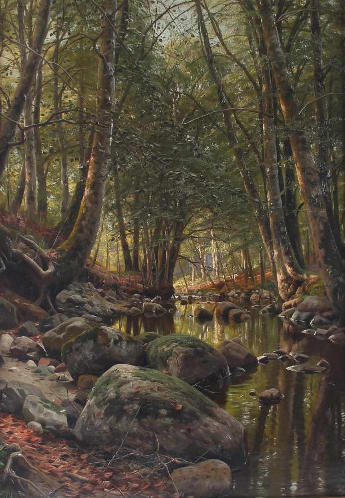 Peder Mork Monsted (Danish 1859-1941) Bach mit Waldblick 1906, creek with a view of the forest