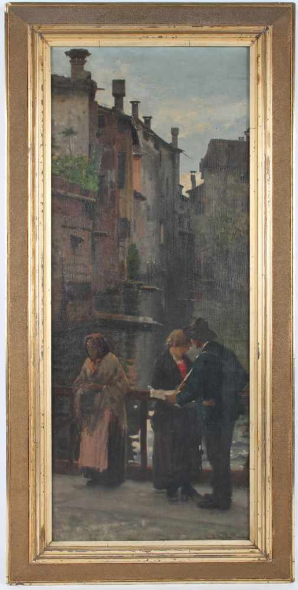 Angelo Dall'Oca Bianca (Italia 1858-1942) Umkreis, Personen auf einer Brücke am Kanal, people on a - Image 2 of 5