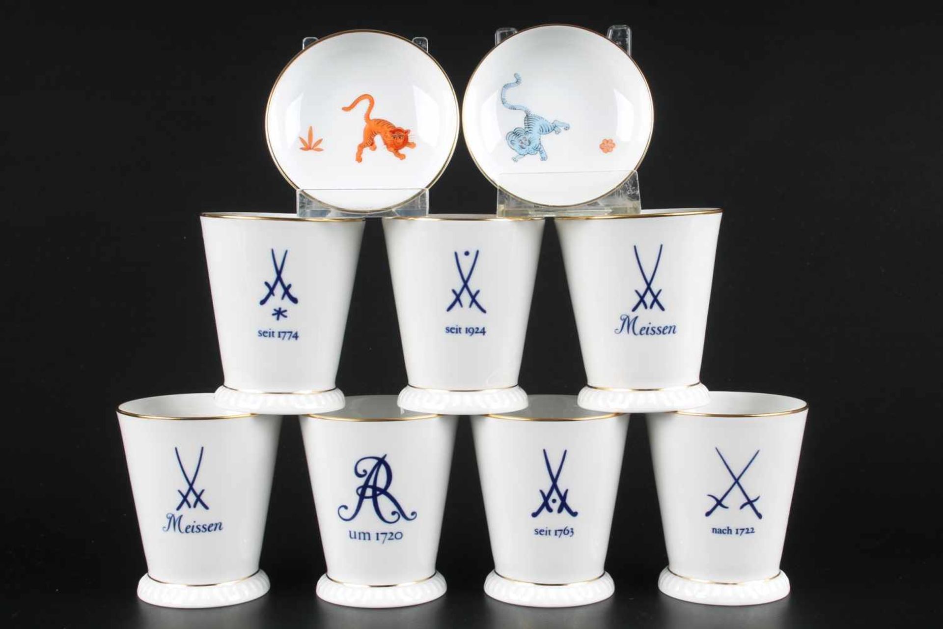 Meissen Porzellan 7 Club-Becher und 2 Schalen, cup / mug and 2 bowls,Porzellan, Freunde des