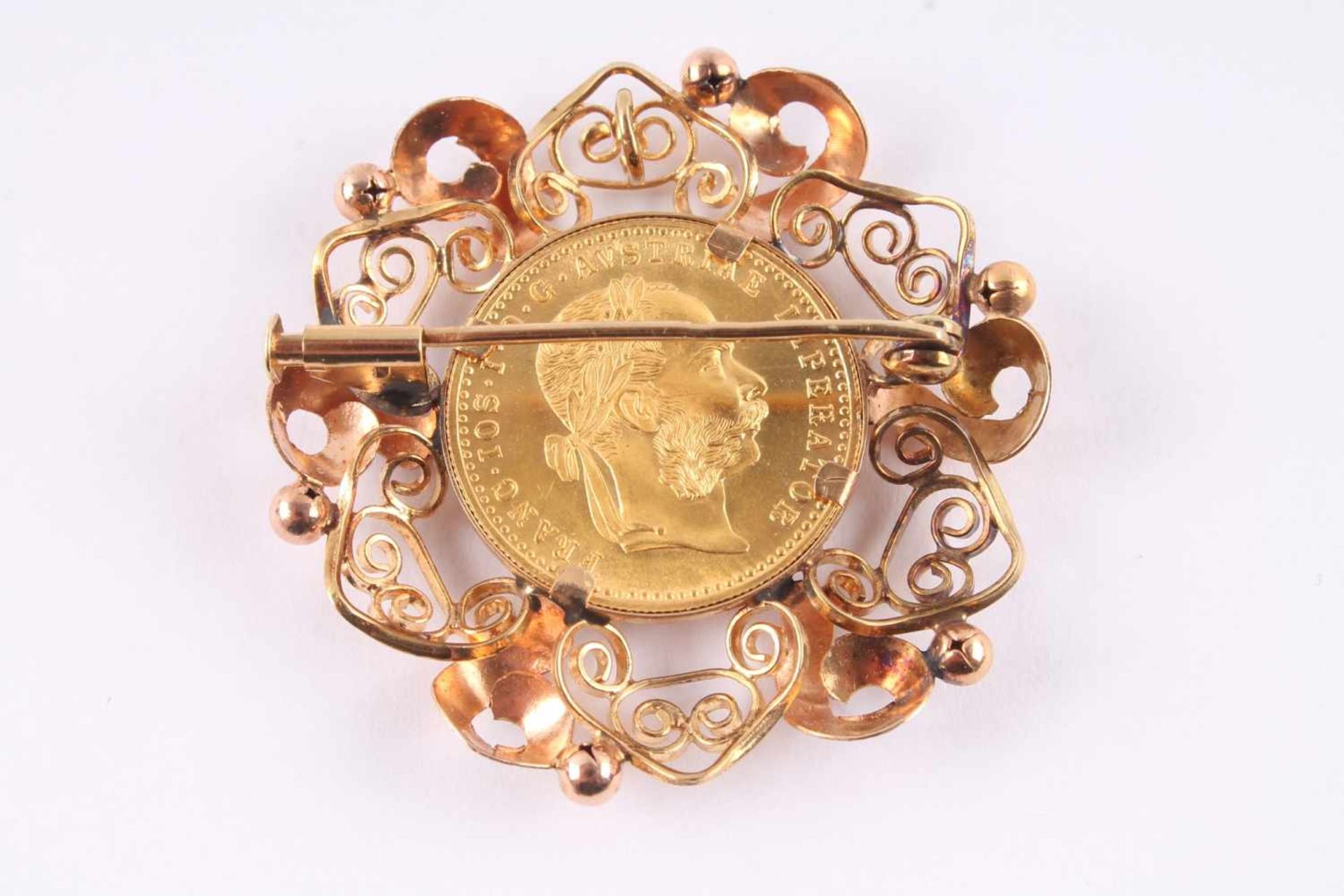 585 Gold Brosche mit Goldmünze 1 Dukat 1915, brooch with gold coin, - Bild 3 aus 3