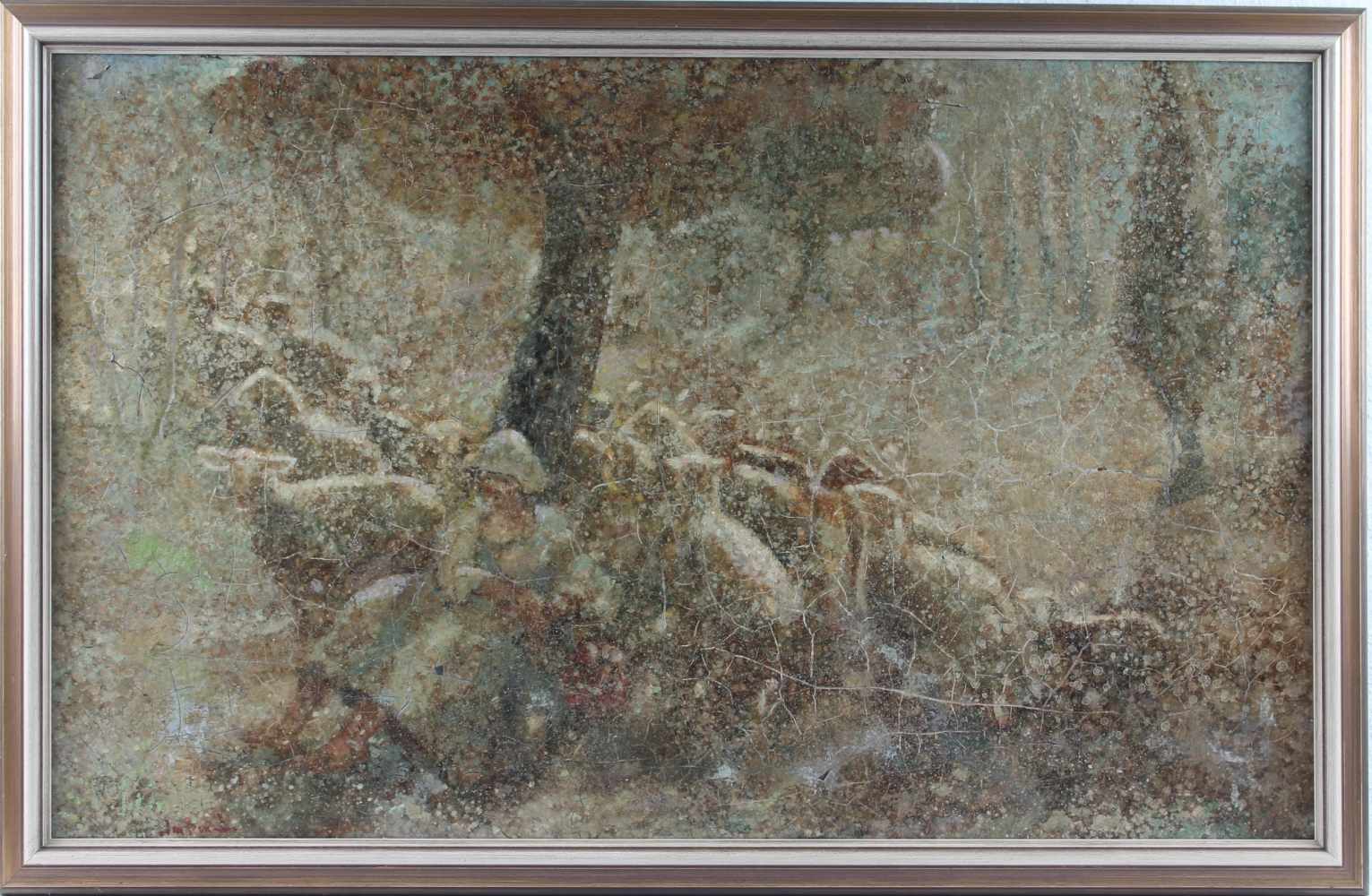 Jean Bonal (1927-1996) ausruhende Schäferin mit Herde, shephard sheep flock,