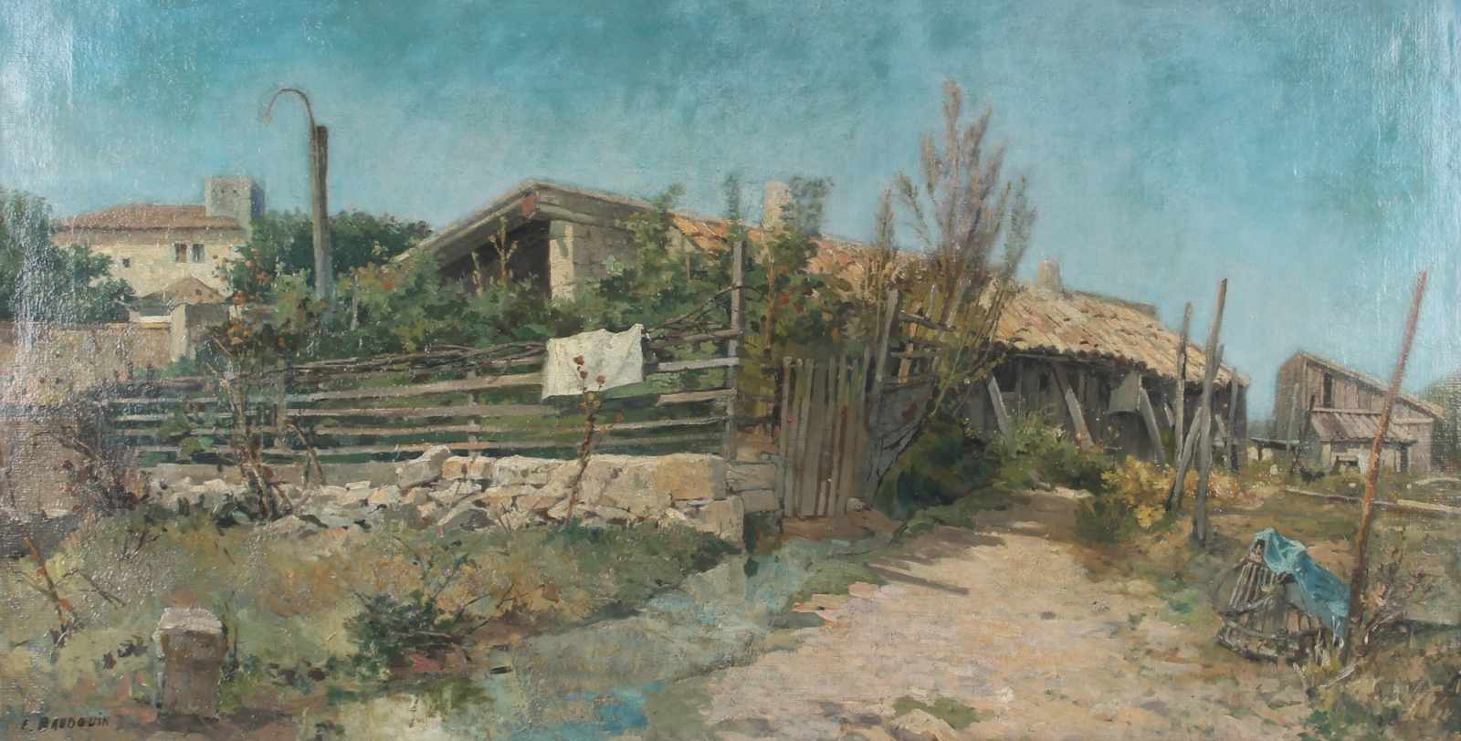 Eugène Baudouin (french 1842-1893) Holzscheune am französischem Dorfrand, wooden barn on the edge of