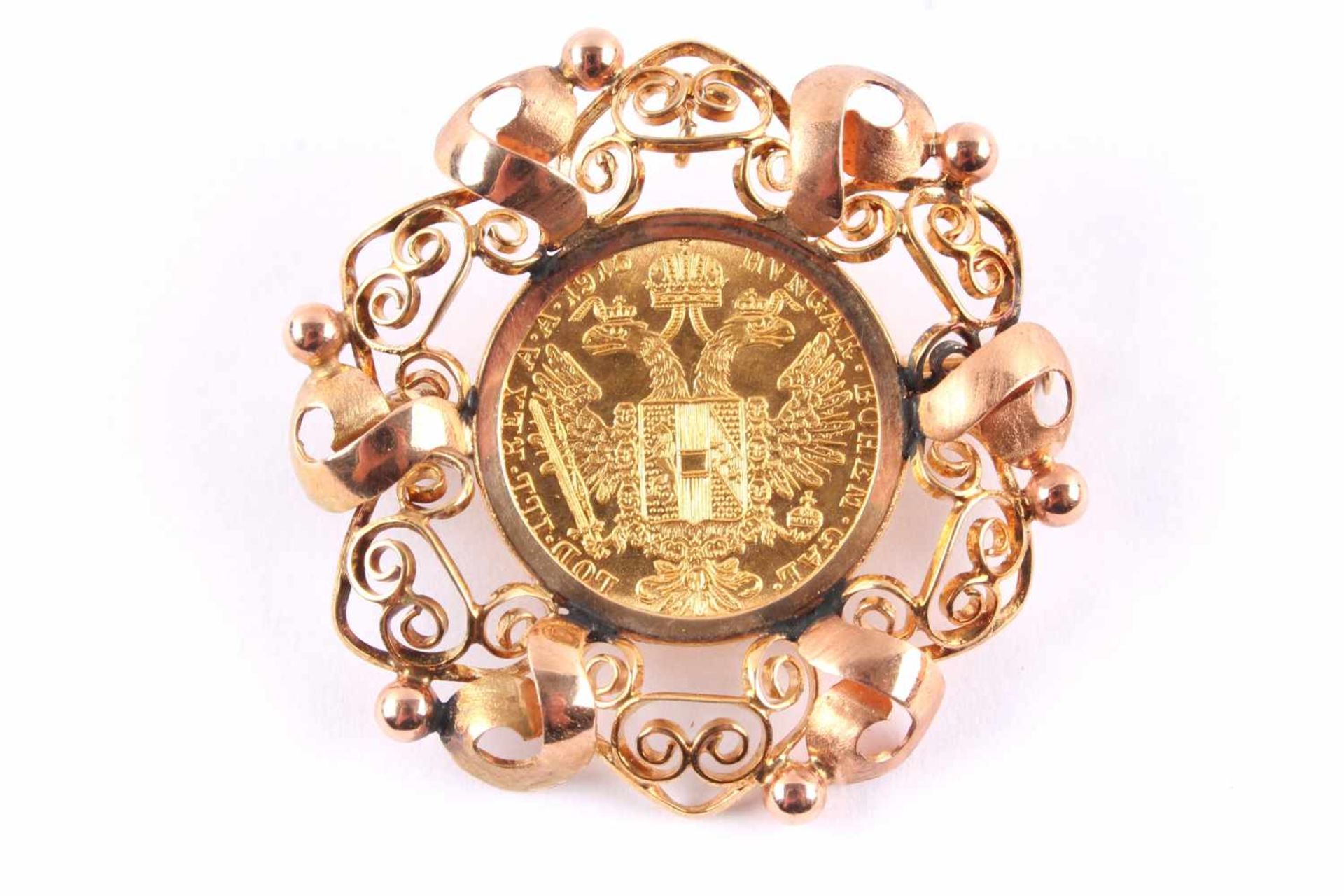 585 Gold Brosche mit Goldmünze 1 Dukat 1915, brooch with gold coin,