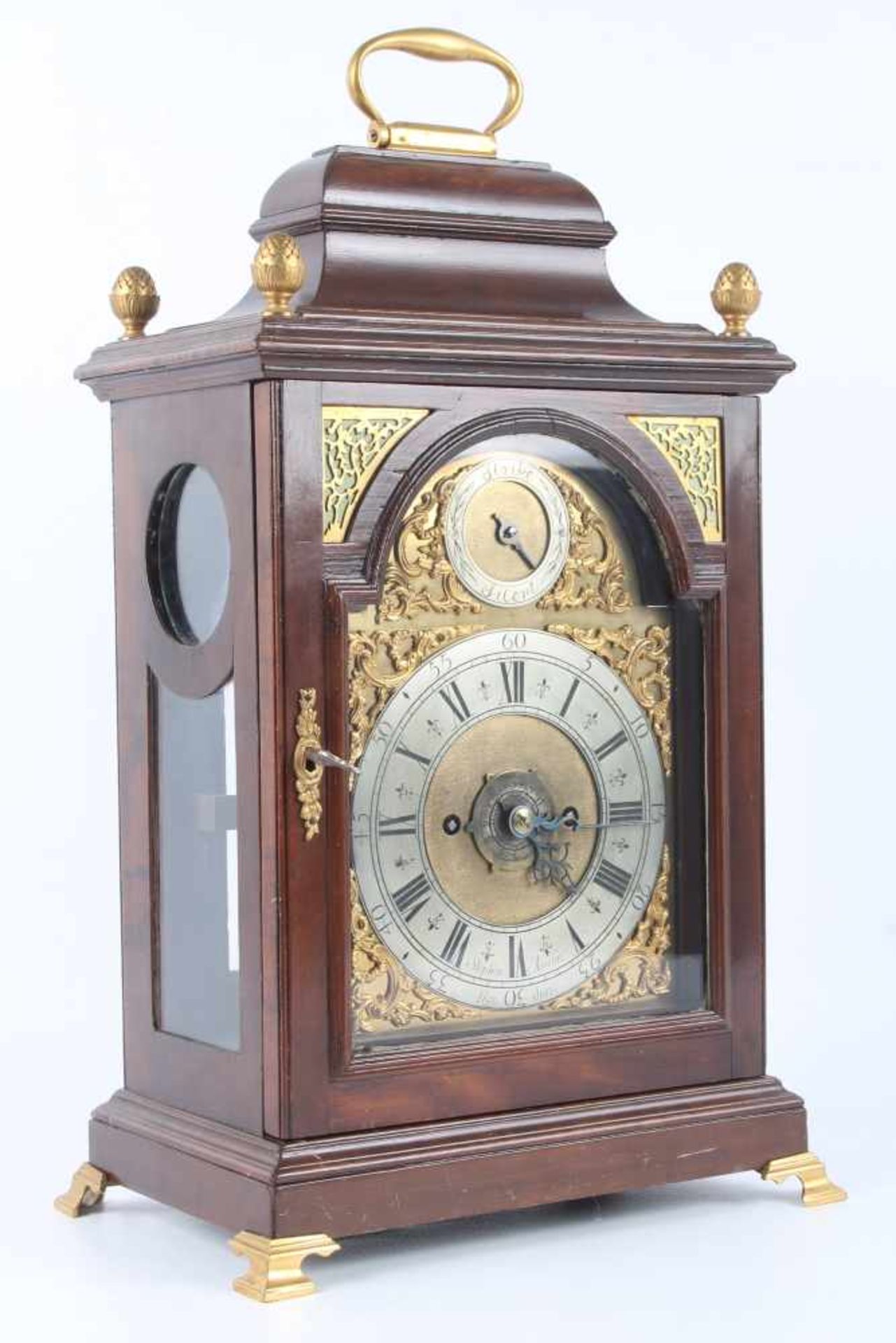 Stockuhr, London, bracket clock,Holzgehäuse m. Messingaplikken, verziertes Zifferblatt, bezeichnet - Image 2 of 6