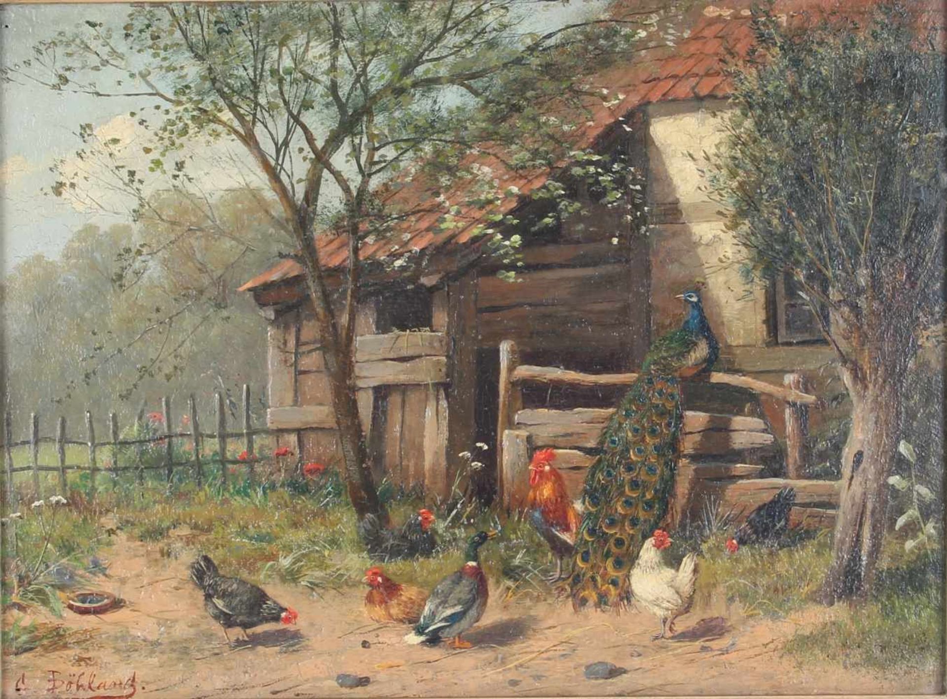 Federvieh, Hahn mit Hühnern, Ente und Pfau am Bauernhaus - signiert, rooster with chickens, duck