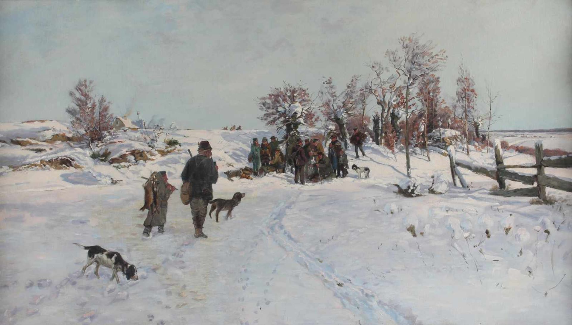 Nach der Treibjagd im Winter, Maler um 1900, hunting in winter,