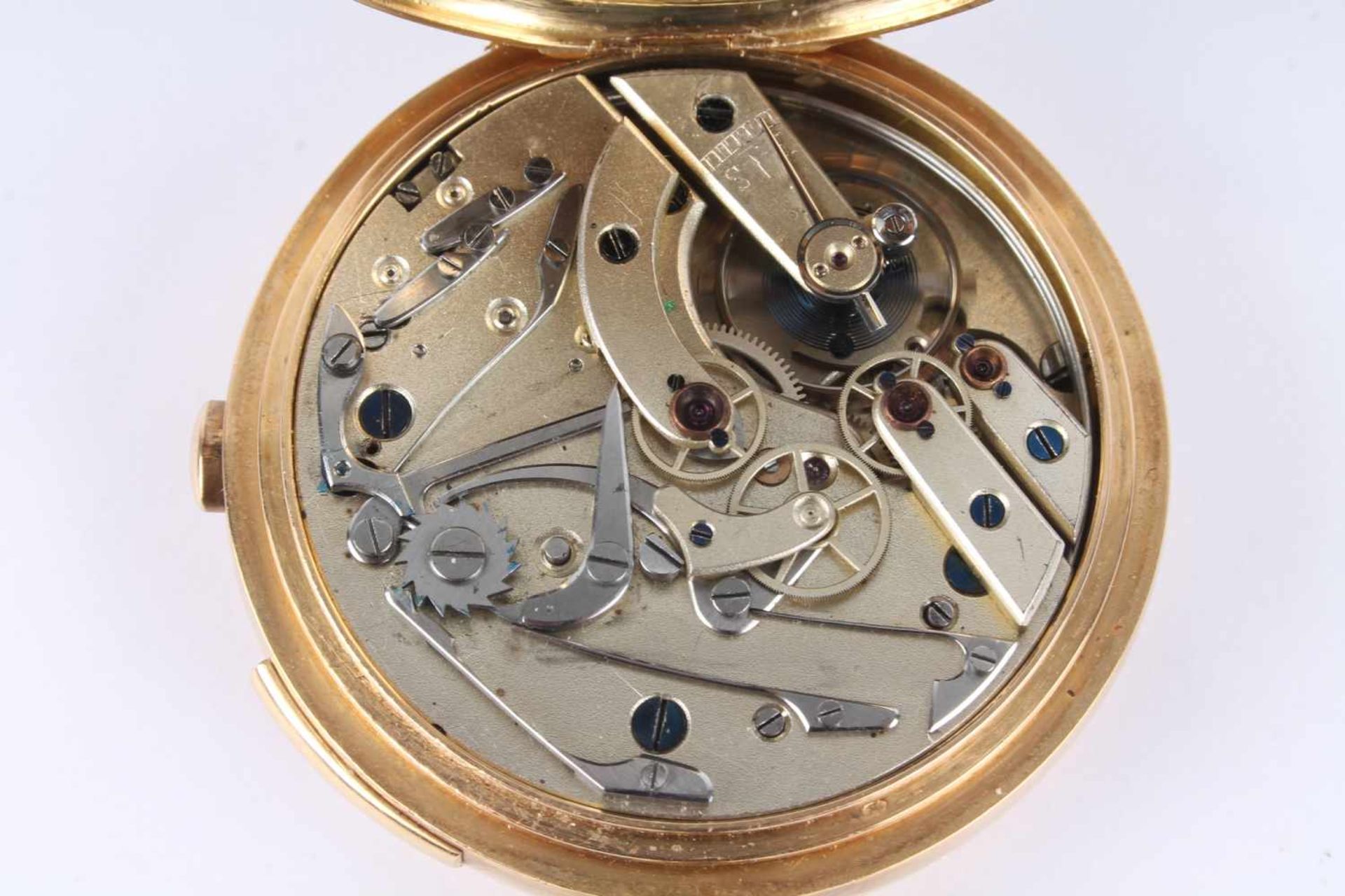 750 Gold Savonette mit Repetition und Stoppuhr, 18K gold savonette with repeater and stopwatch, - Image 5 of 7