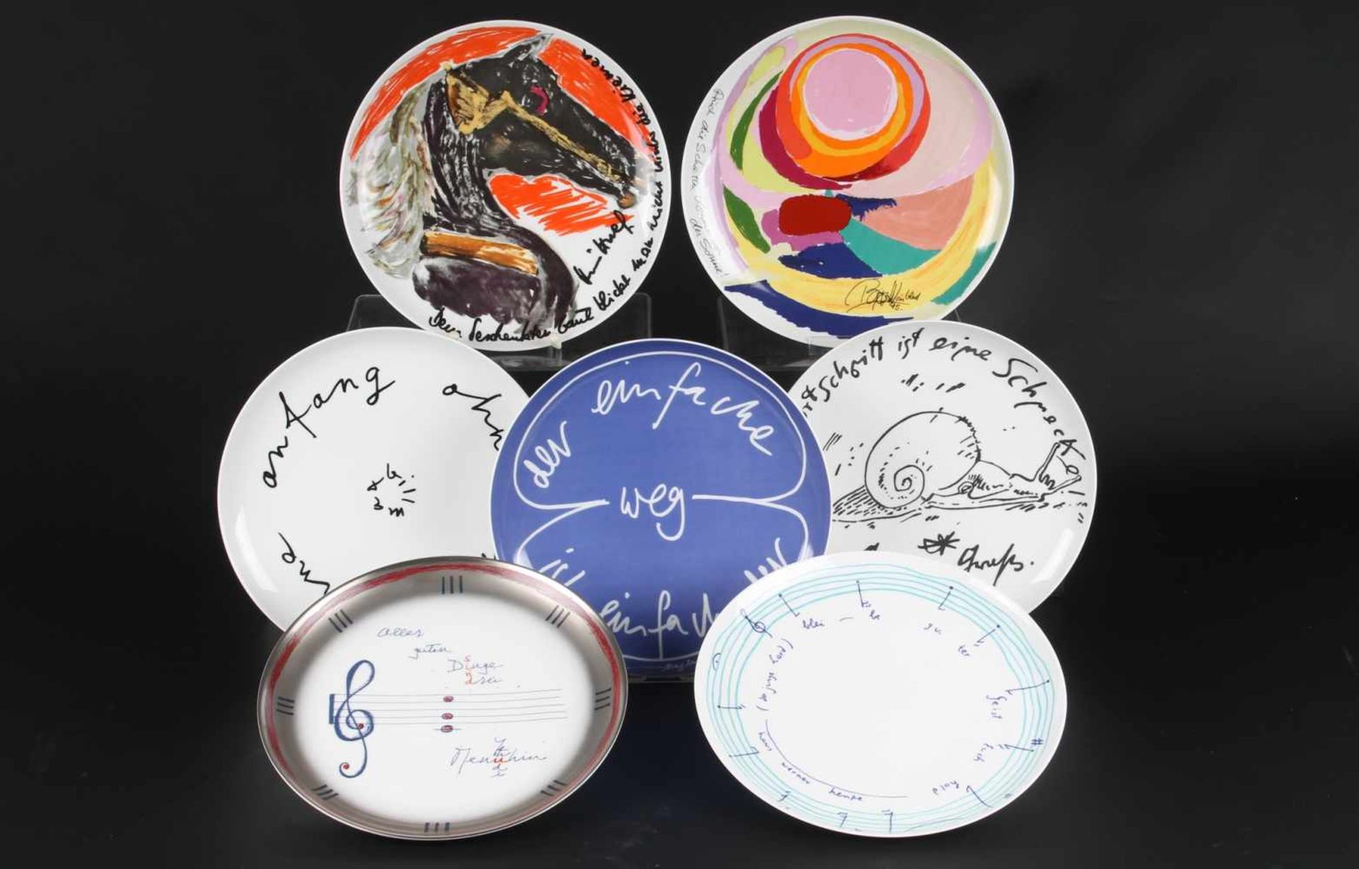 7 Künstlerteller, Rosenthal, artist plates,Porzellan, grüne Bodenmarke, Günter Grass Literatenteller