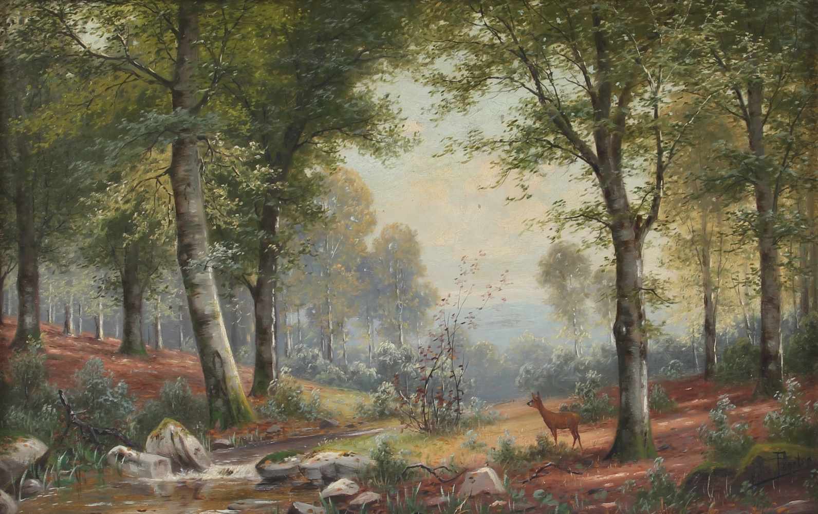 Jacobus Johannes van Poorten (1841-1914) Rehwild am Bach in Waldlandschaft, forest scenery deer at