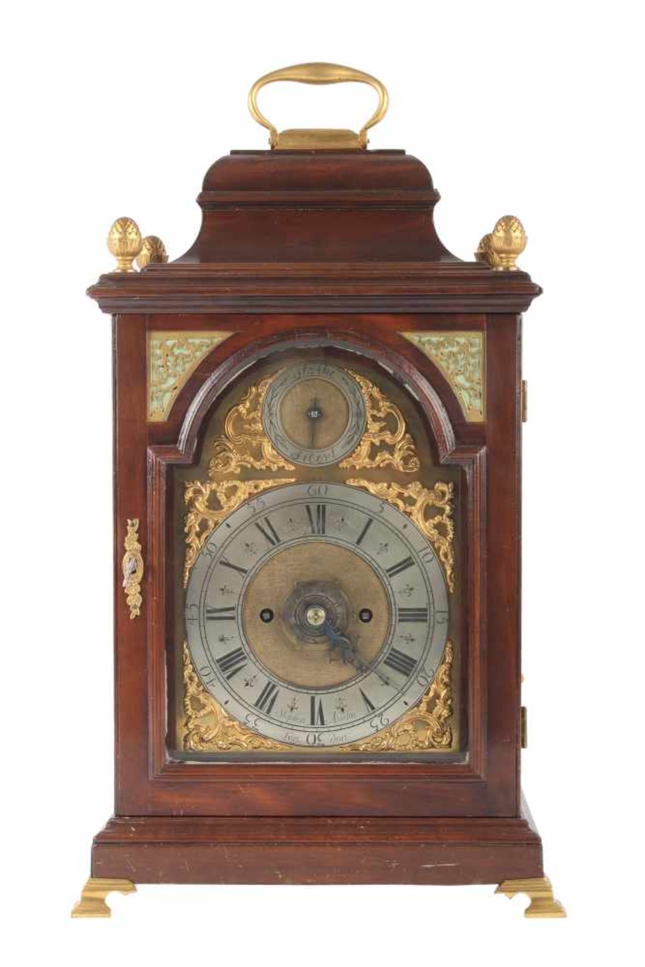 Stockuhr, London, bracket clock,Holzgehäuse m. Messingaplikken, verziertes Zifferblatt, bezeichnet