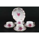 Herend Apponyi Purpur - 4 Mokkatassen mit Blattschale, 4 mocha cups & decorative bowl,