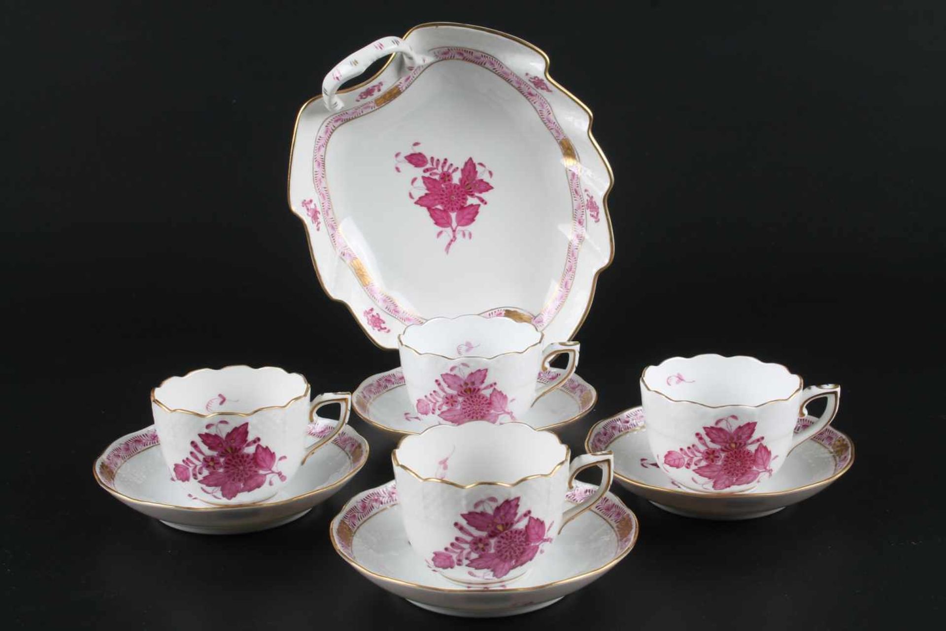 Herend Apponyi Purpur - 4 Mokkatassen mit Blattschale, 4 mocha cups & decorative bowl,