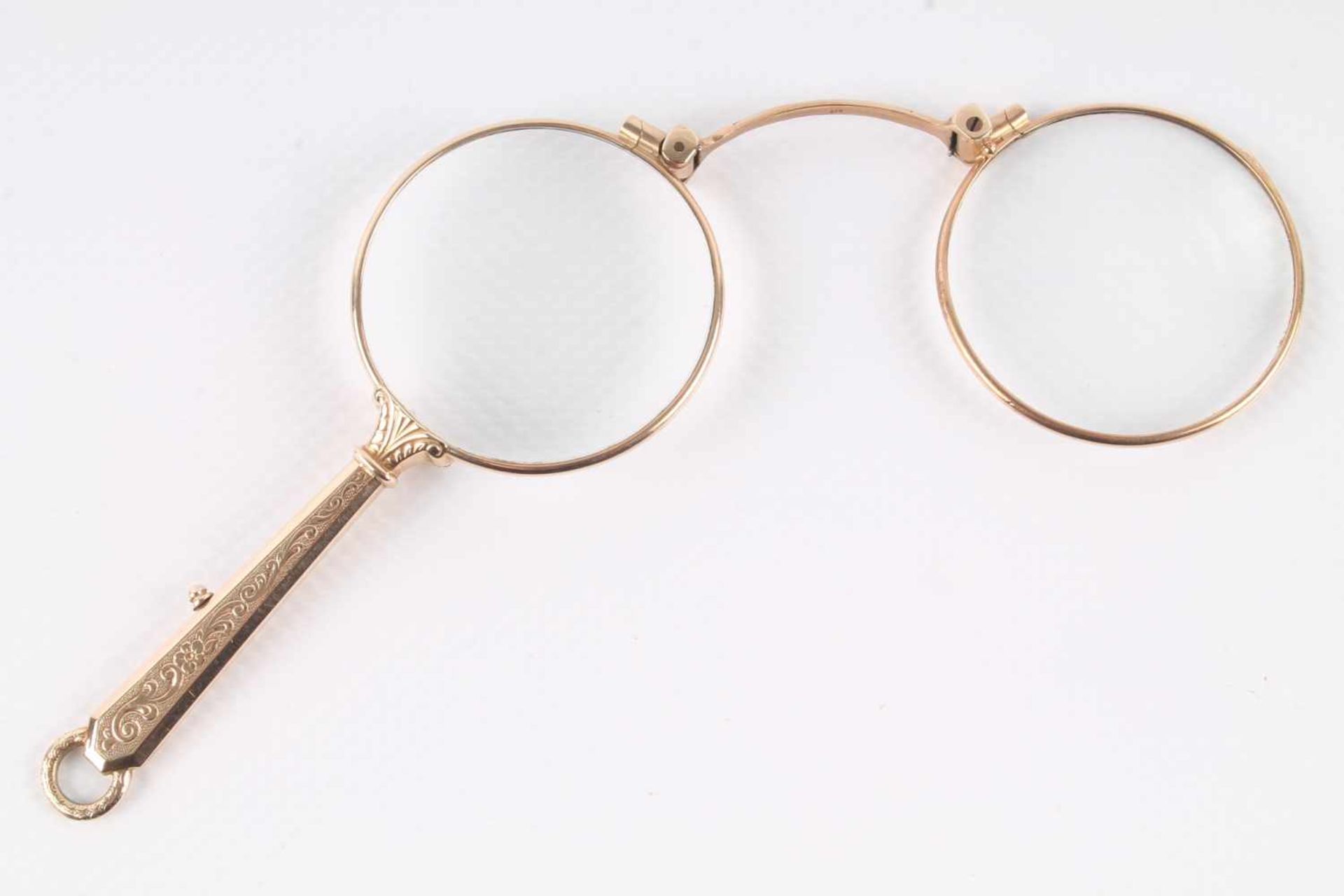 Jugendstil Lorgnette 585 Gold, Stielbrille in 14K Gold, geprüft jedoch ungemakt, Maße offen H 7,5 cm - Bild 3 aus 5