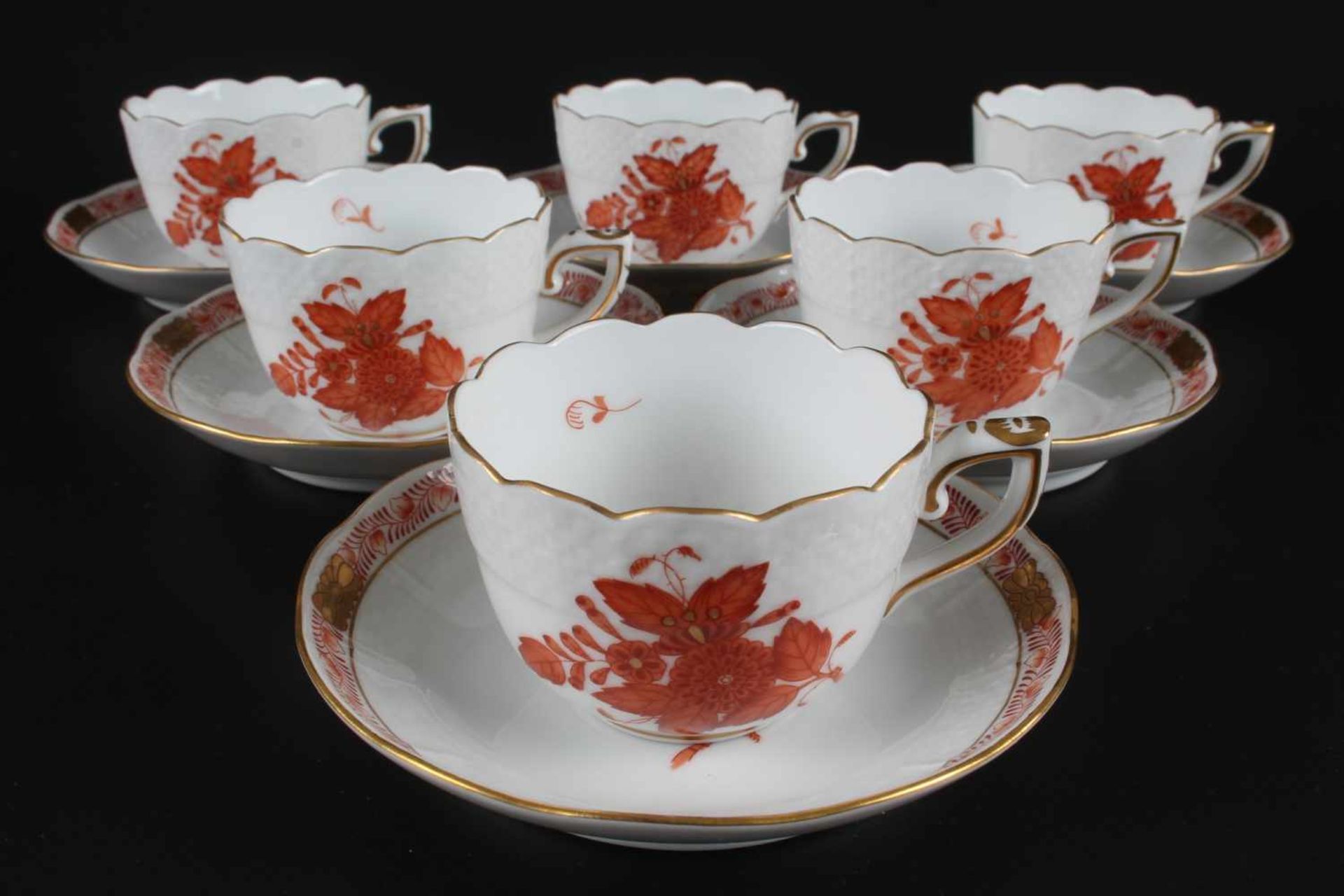 Herend Apponyi Orange - 6 Mokka Kaffeetassen mit Untertassen, 6 mocha cups with saucers,Porzellan,