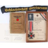 Kriegsmarine Urkunde von 1942, Eisernes Kreuz, Soldbuch & Band der Gneisenau,