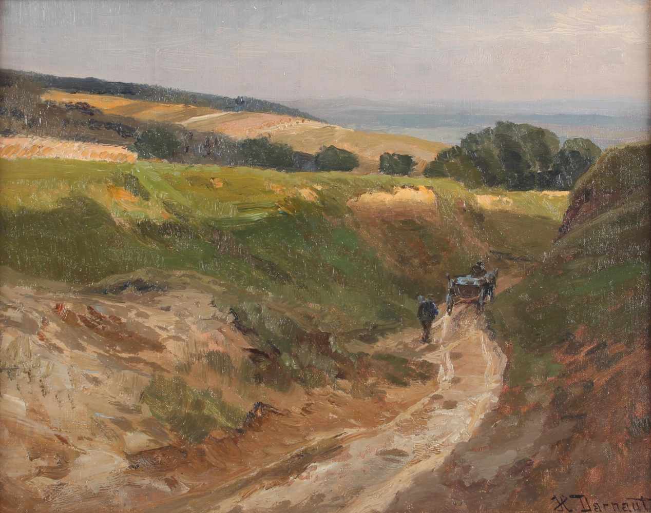 Hugo Darnaut (1851-1937) Hügelland mit Feldweg und Pferdekarren, hill countryside with horse cart on