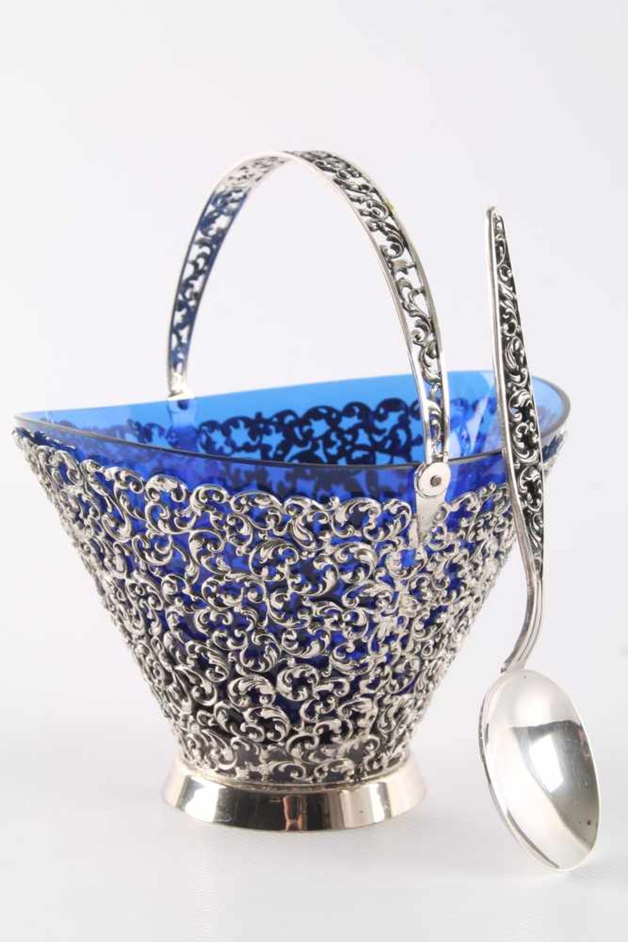 835 Silber - große Zuckerschale mit kobaltblauem Glaseinsatz und Zuckerlöffel, silver sugar bowl