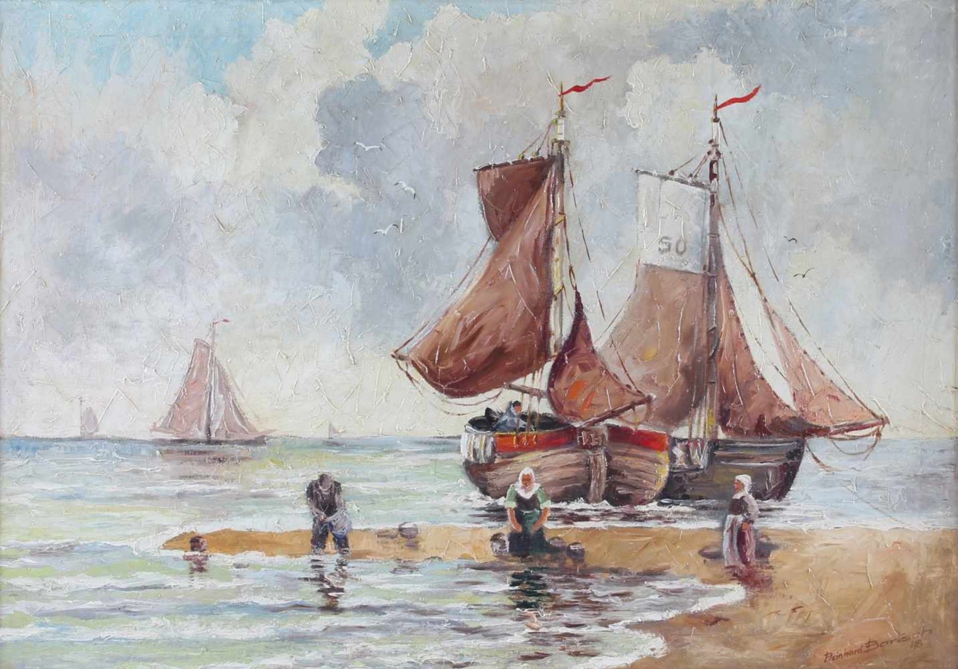 Reinhard Bartsch - anliegende Fischerboote mit Fischern bei der Arbeit von 1946, fishermen at work,