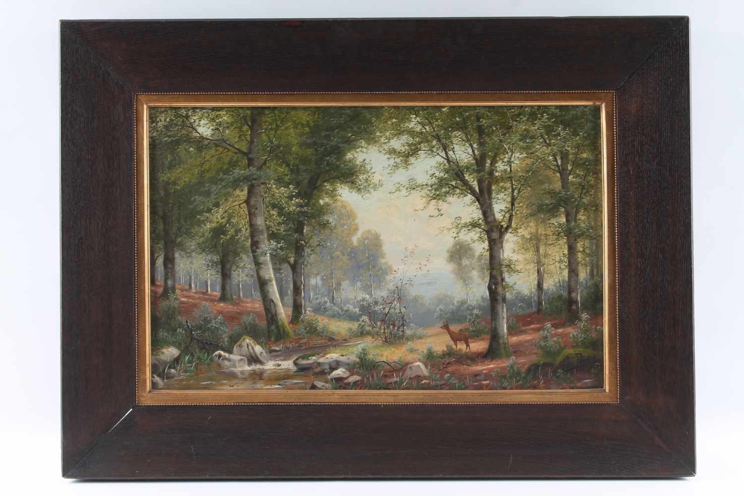 Jacobus Johannes van Poorten (1841-1914) Rehwild am Bach in Waldlandschaft, forest scenery deer at - Image 2 of 4