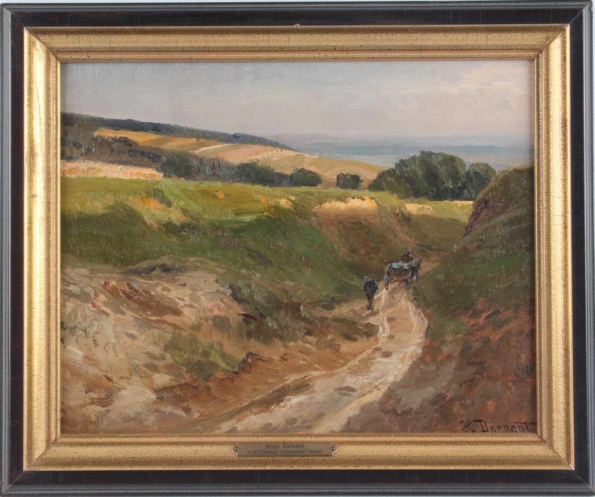 Hugo Darnaut (1851-1937) Hügelland mit Feldweg und Pferdekarren, hill countryside with horse cart on - Image 2 of 4