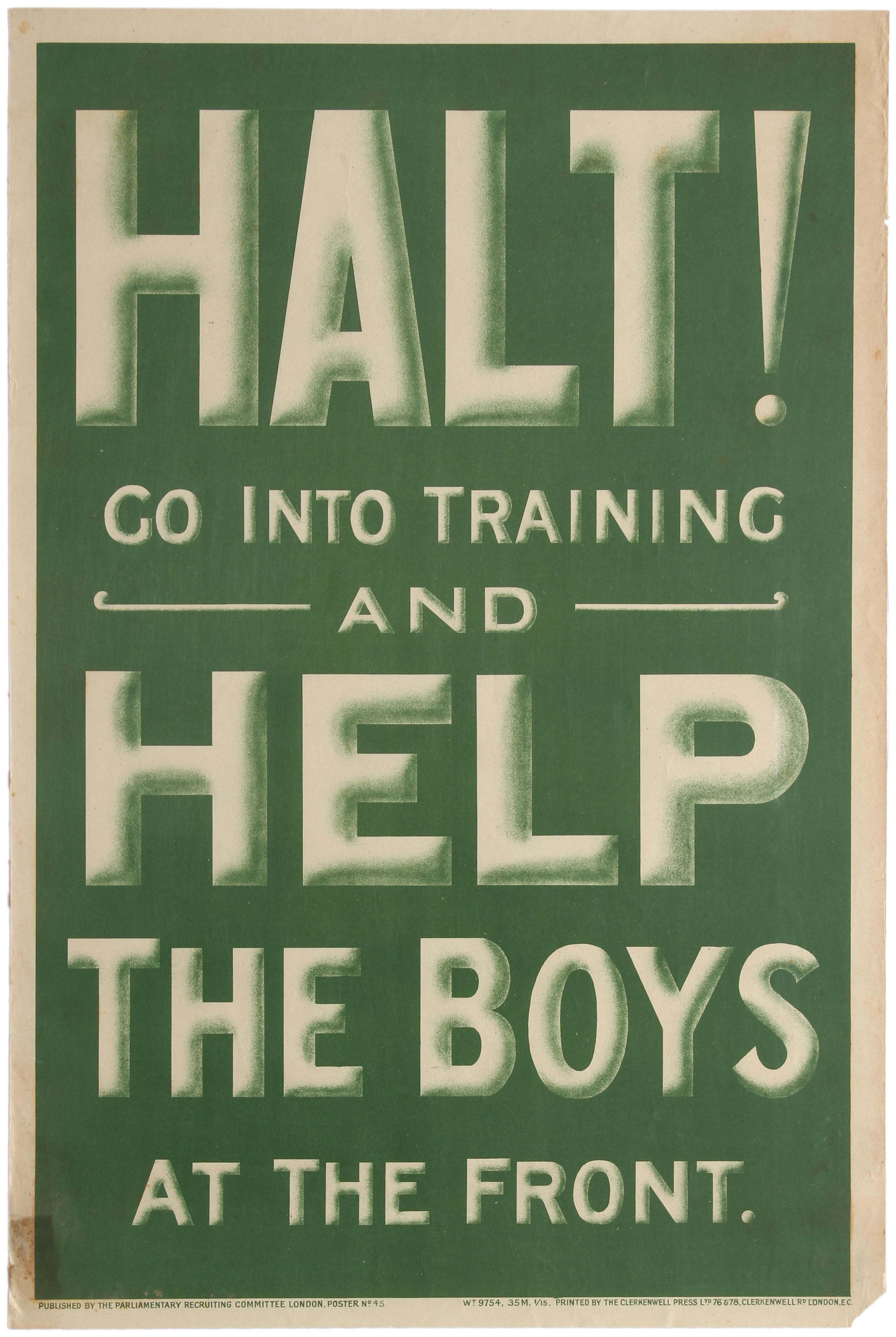 Propaganda Poster WWI Recruiting Halt Go Into Training UK