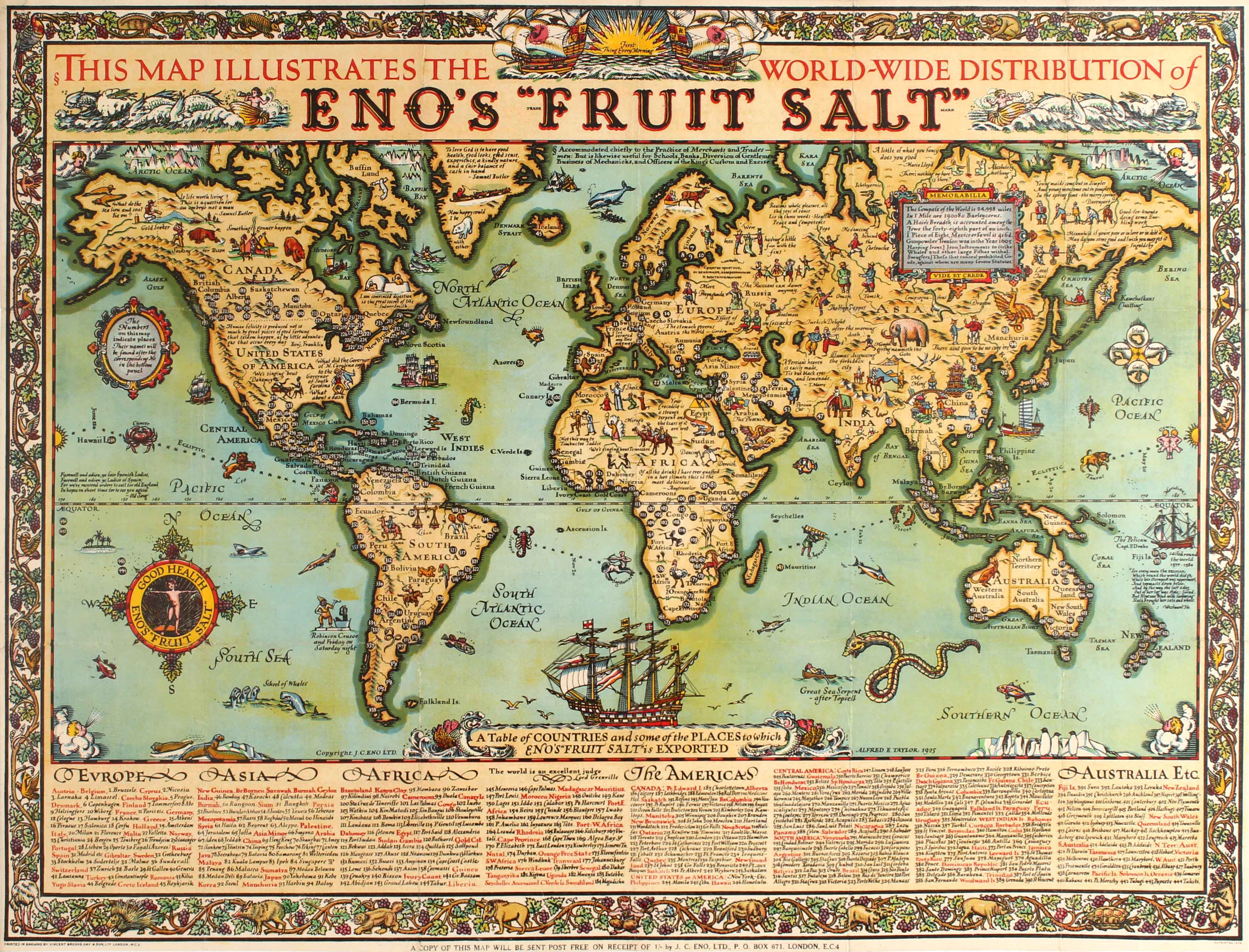 Advertising Poster Eno's Fruit Salt Illustrated World Map