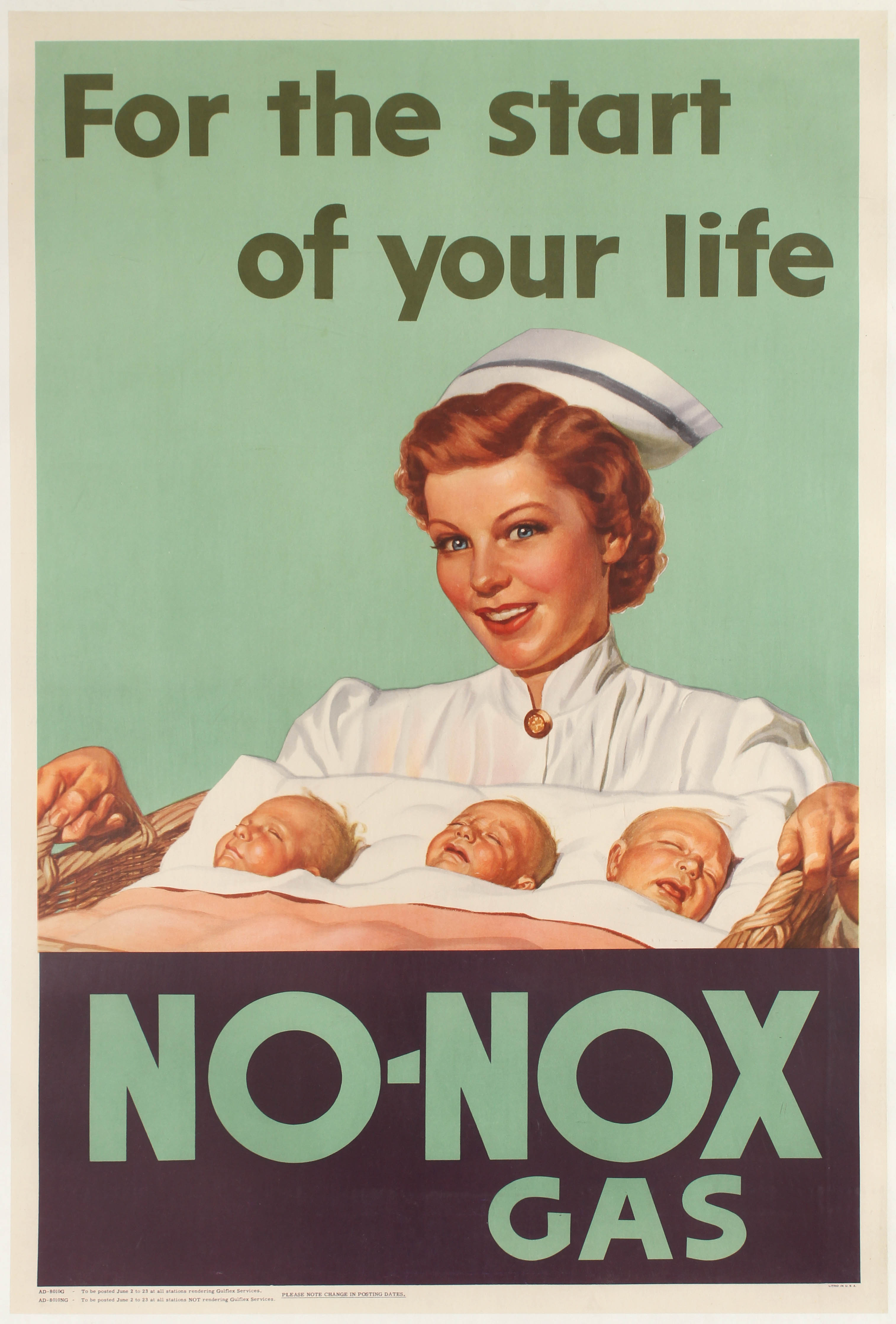 Advertising Poster Nurse Midwife Triplets No-Nox Gas Gulf Oil