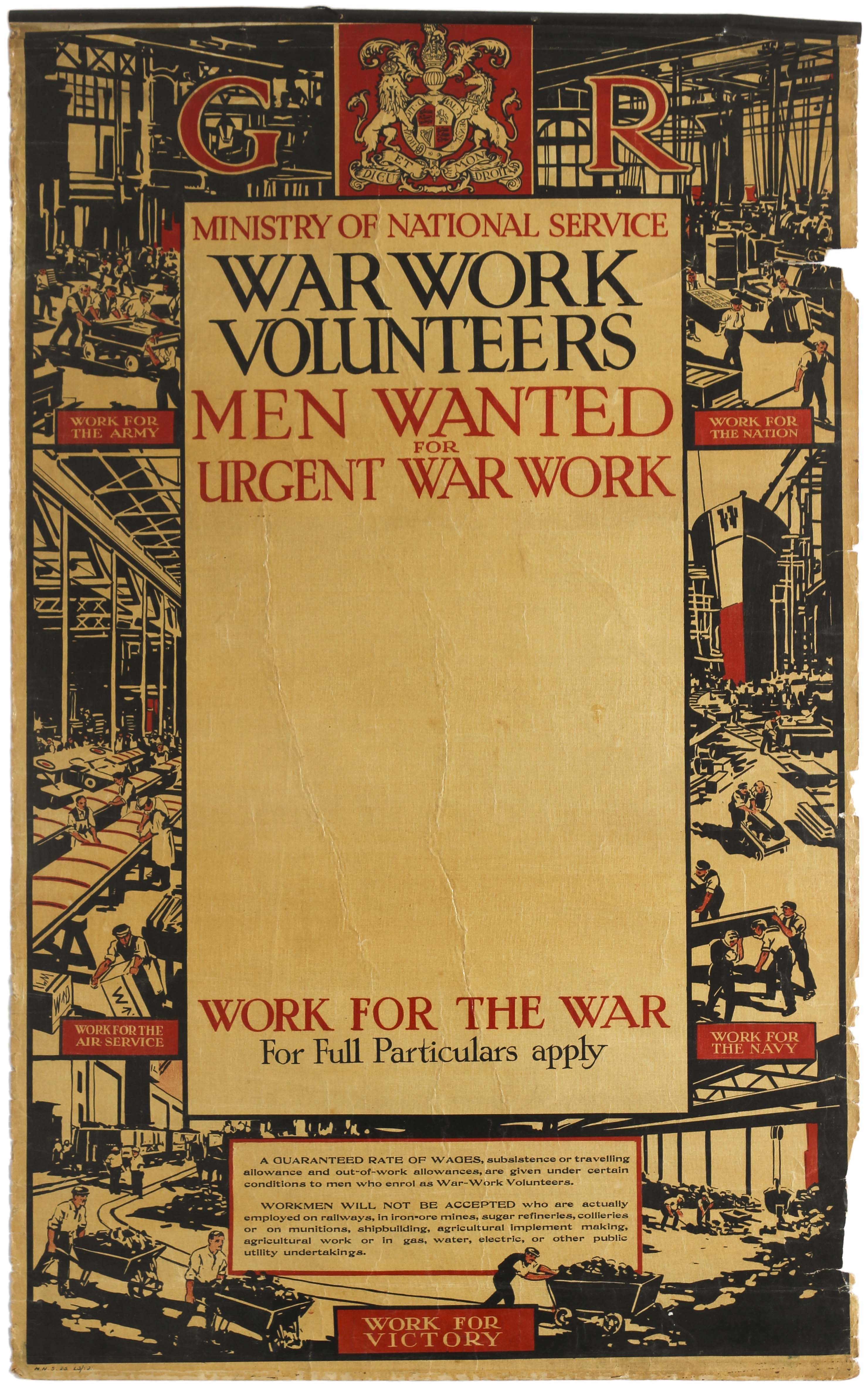 War Poster WWI War Work Volunteers Men Wanted GB
