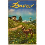 Original Travel Poster Davos Switzerland Deer Mountains