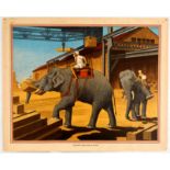Original Advertising Poster Elephants Piling Teak in Burma