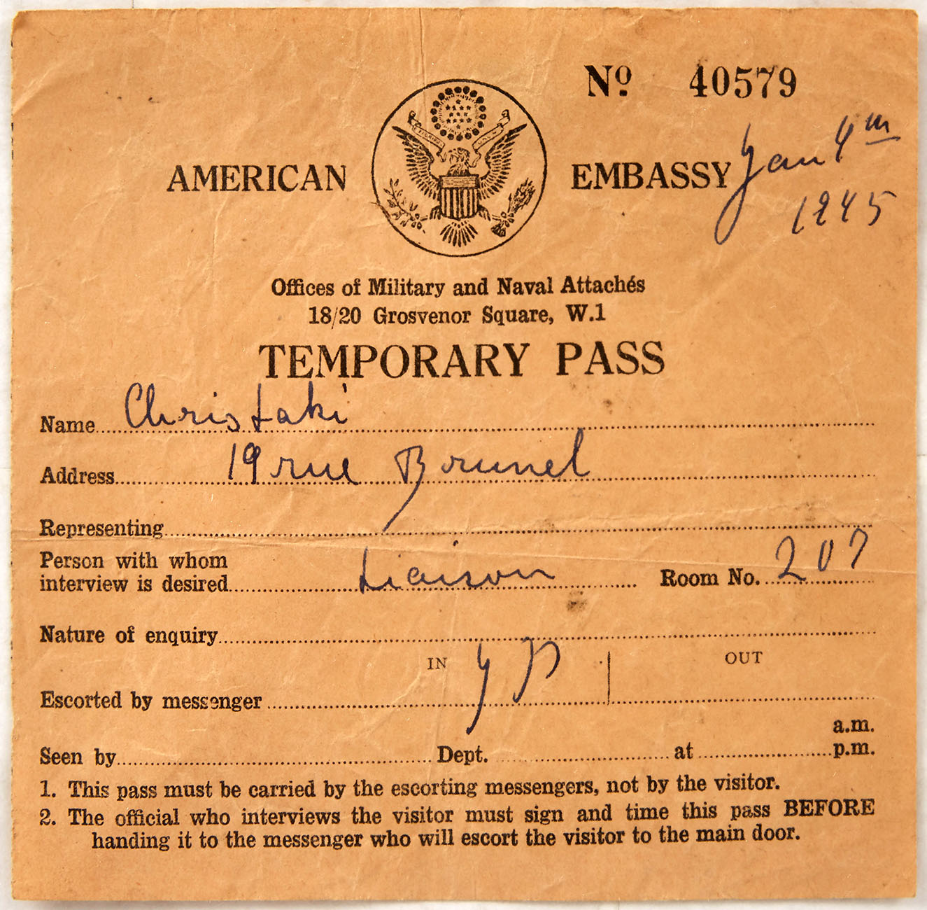 Original War American Embassy Temporary Pass WWII London