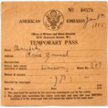 Original War American Embassy Temporary Pass WWII London